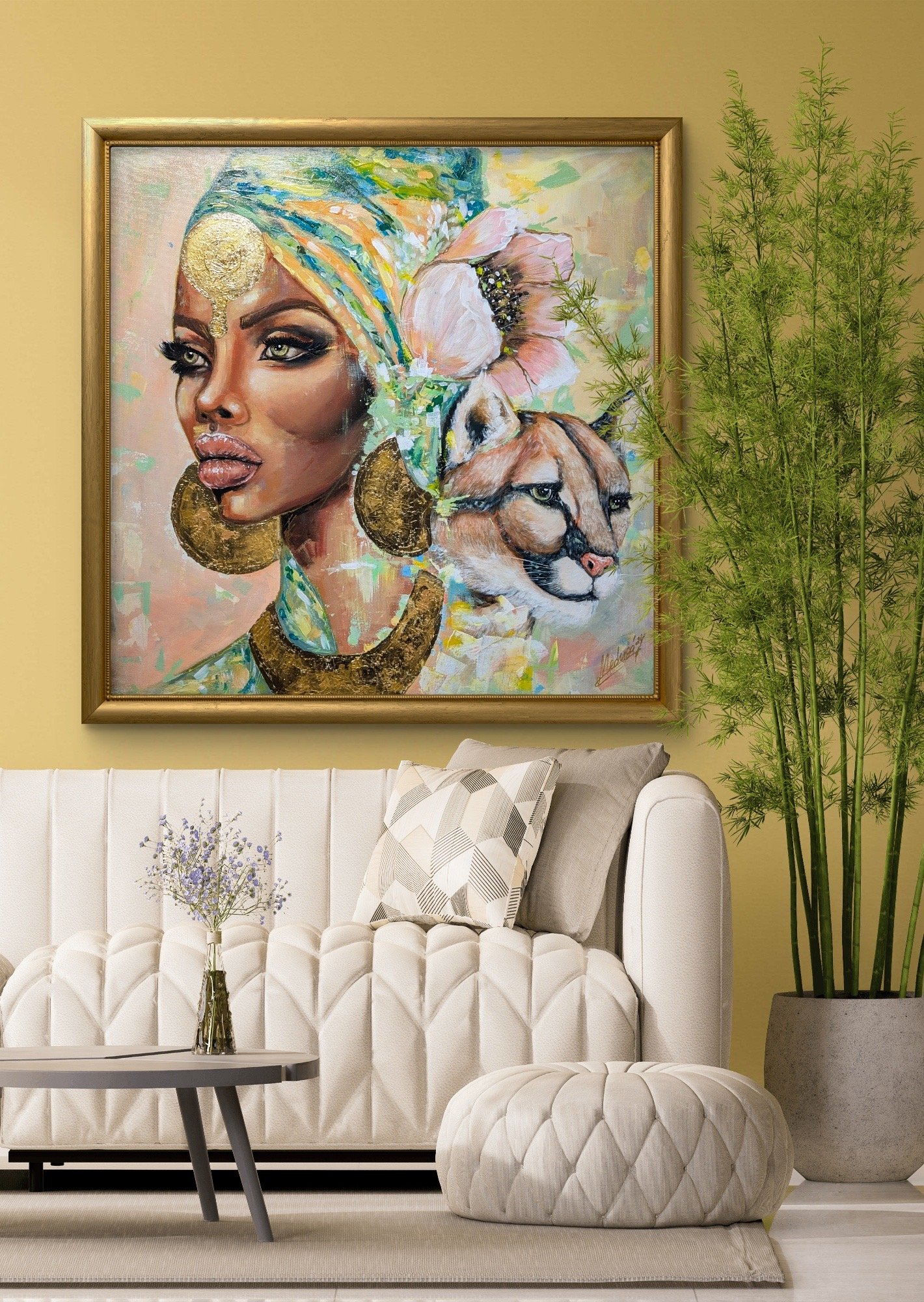 Tableau abstrait de Medusa Divine Art représentant une reine africaine avec un puma, peinture contemporaine sur toile