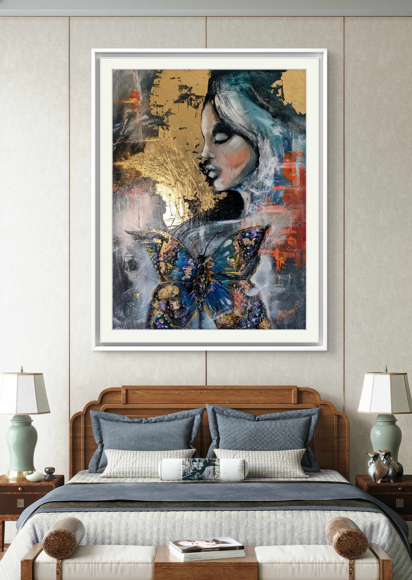 Tableau contemporain, portrait féminin avec papillon et feuilles d’or, acrylique sur toile 60x80 cm. Sublime décoration murale