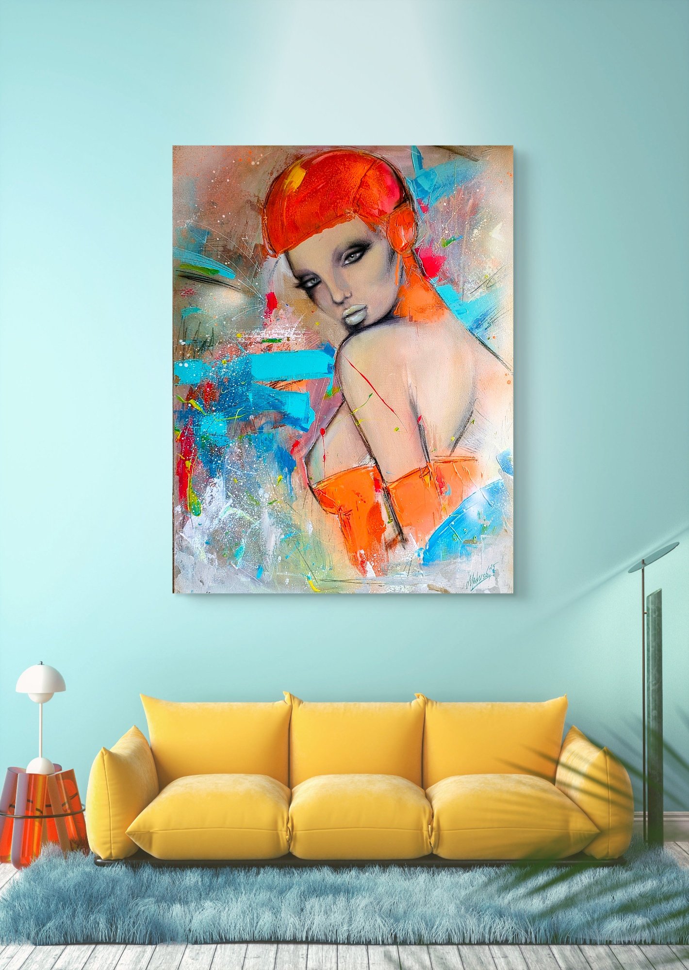 Tableau abstrait contemporain urbain de Medusa Divine Art, portrait féminin vibrant avec des couleurs électriques et des textures dynamiques.