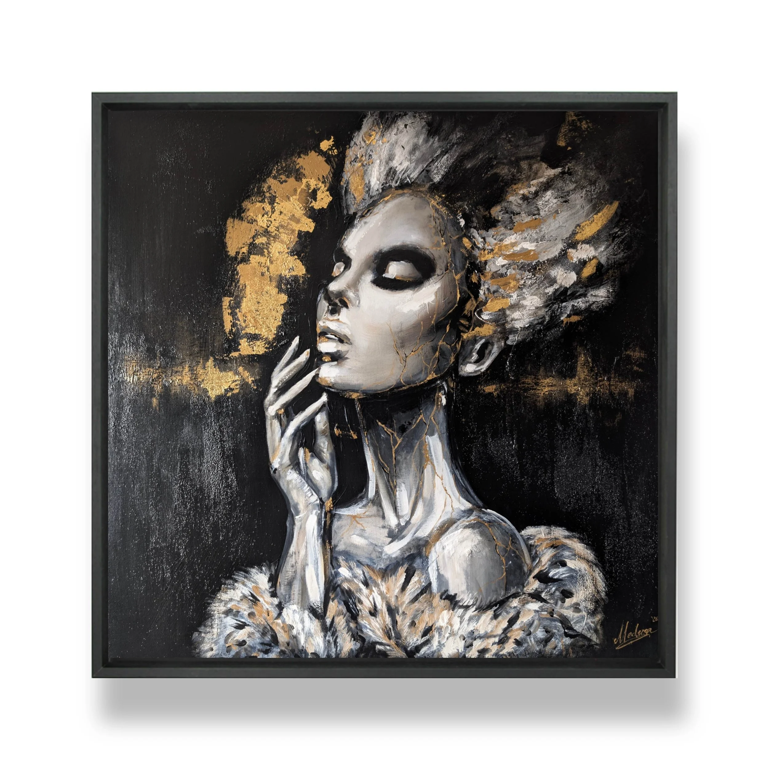 Silent Scar – portrait féminin contemporain avec feuilles d’or, œuvre originale de Medusa Divine Art, art symbolique et transformation intérieure