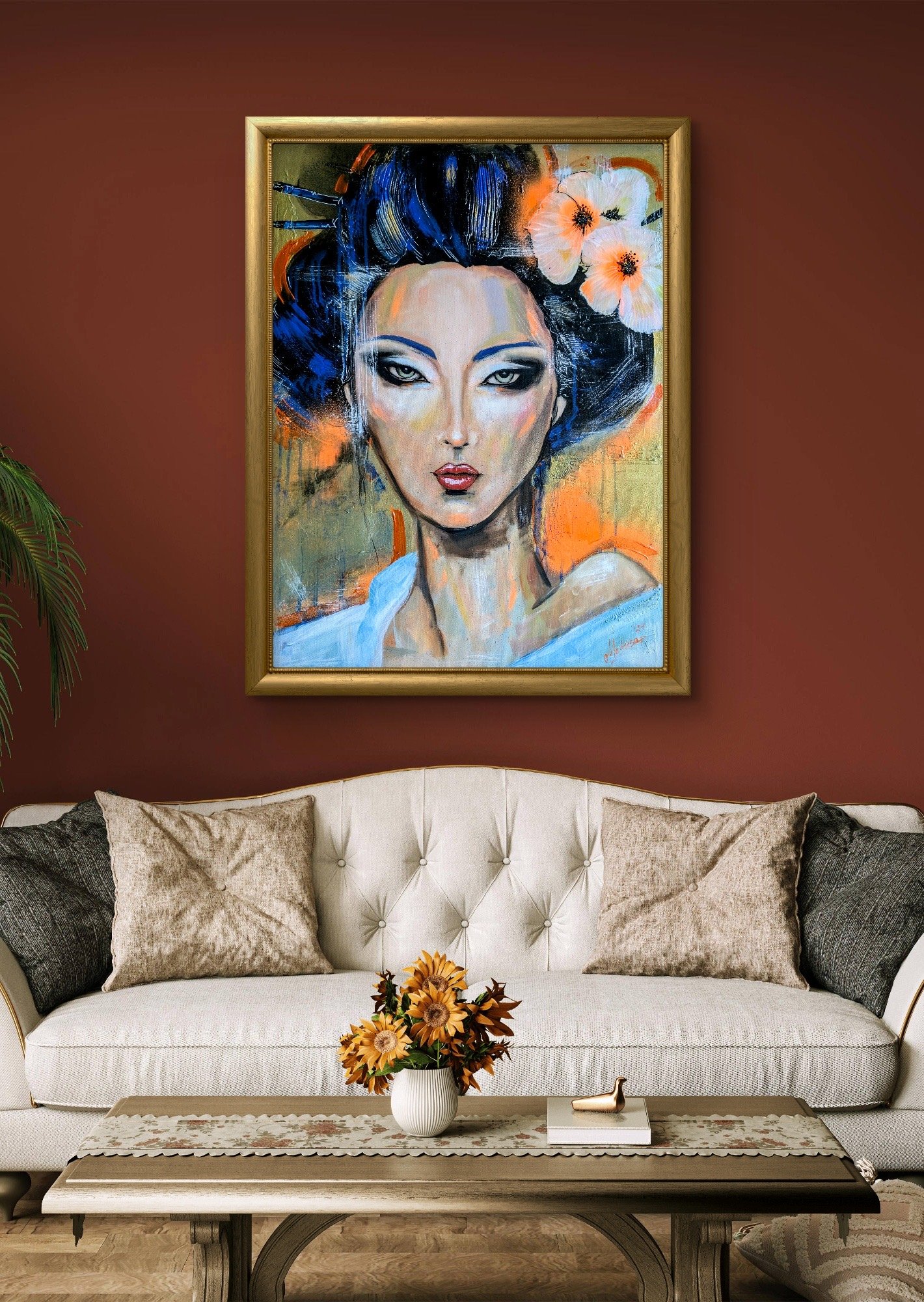 Tableau contemporain La Geisha Dorée, portrait d’une geisha japonaise réalisé en acrylique, avec des teintes dorées, bleues et orange, sur une toile de 60x80 cm.