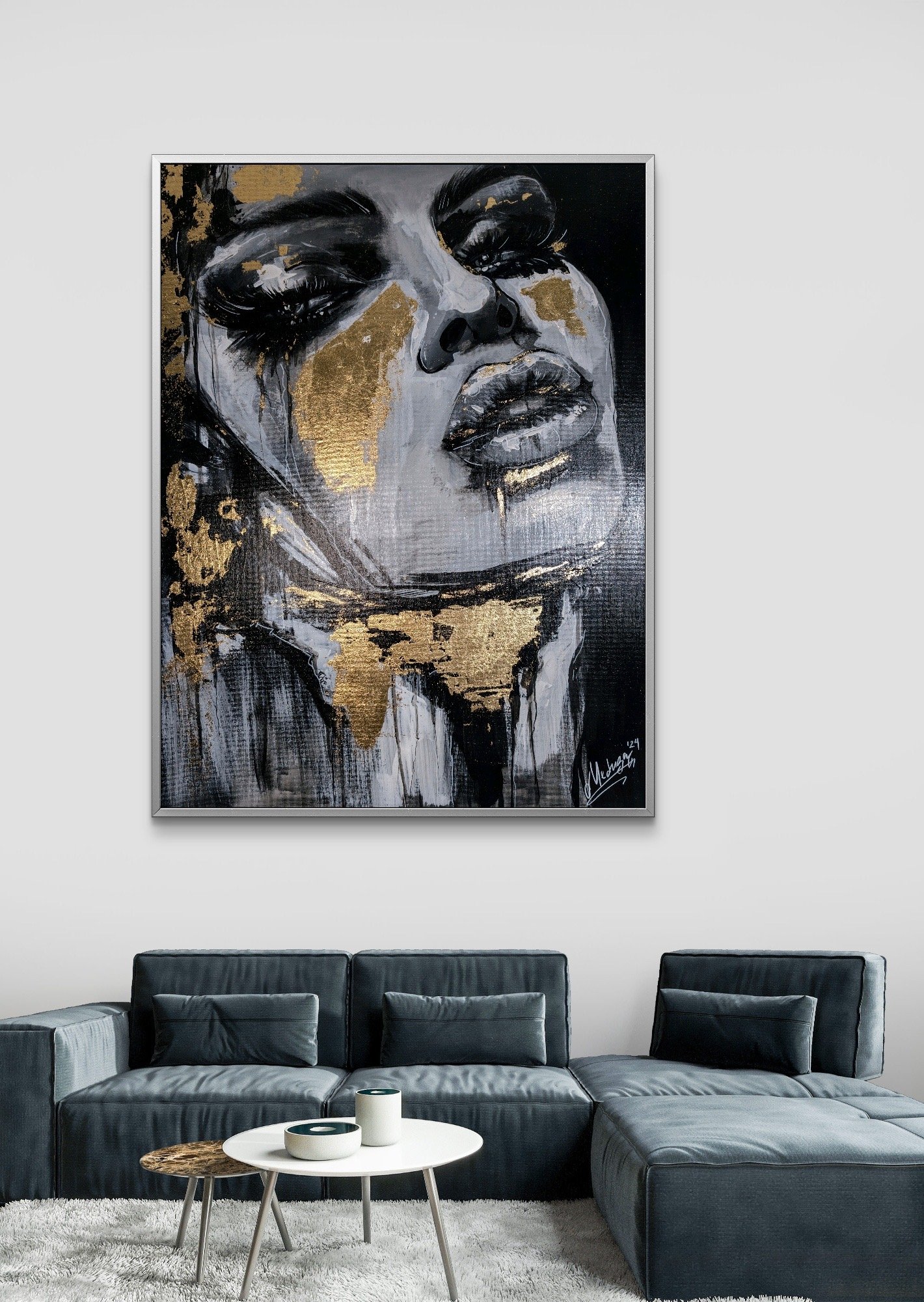 Tableau contemporain, portrait féminin abstrait avec feuilles d’or, acrylique sur toile 60x80 cm. Idéal pour la décoration murale.