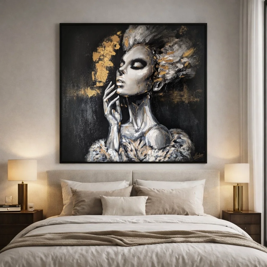 Silent Scar, art contemporain féminin en noir et or dans une chambre élégante, œuvre originale Medusa Divine Art