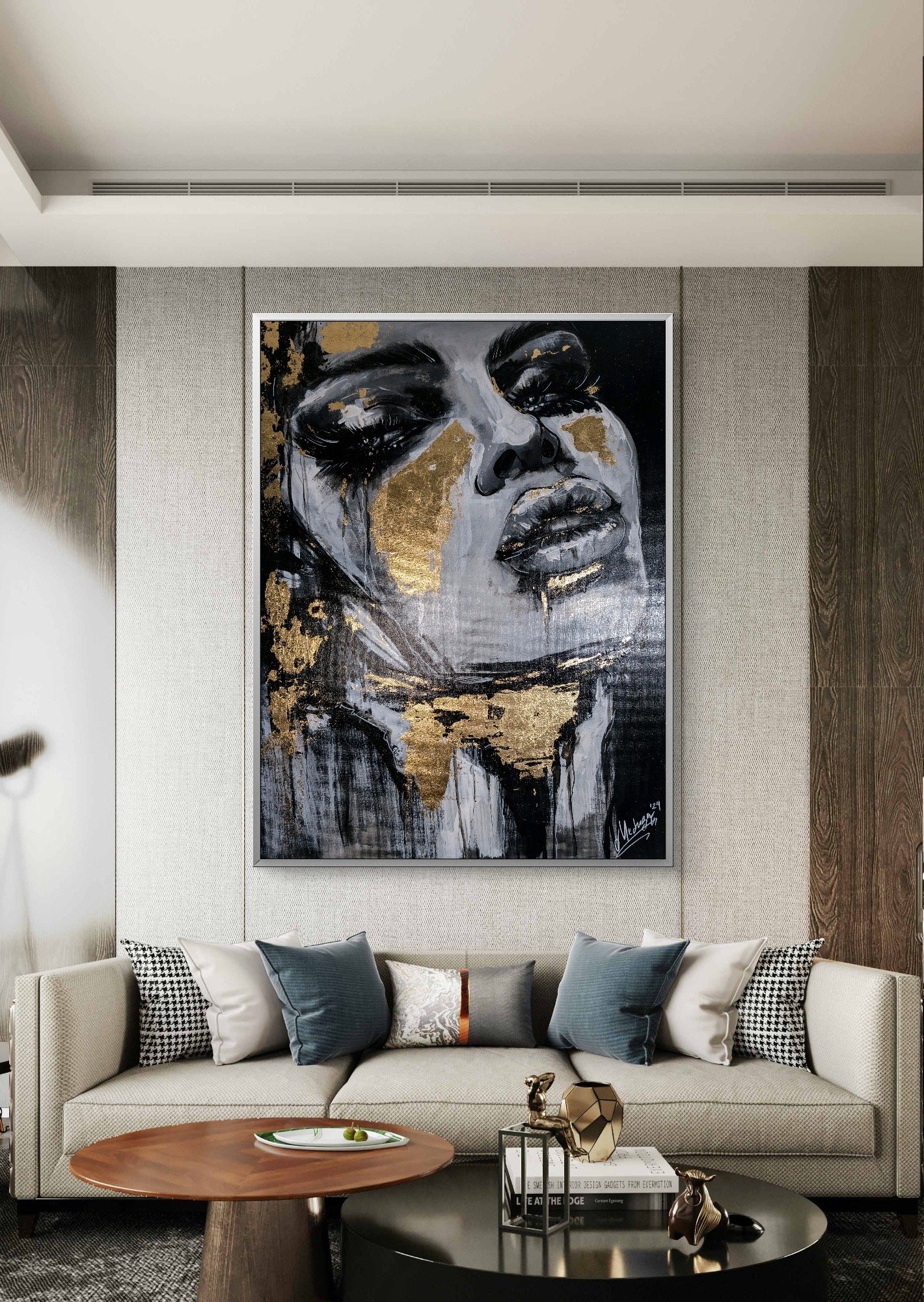 Tableau contemporain, portrait féminin abstrait avec feuilles d’or, acrylique sur toile 60x80 cm. Idéal pour la décoration murale.