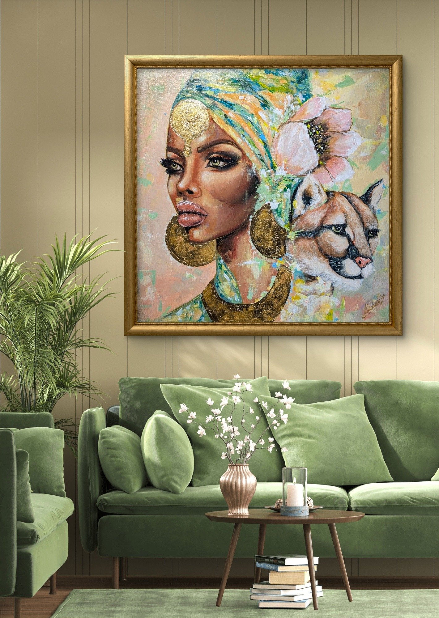 Tableau abstrait de Medusa Divine Art représentant une reine africaine avec un puma, peinture contemporaine sur toile