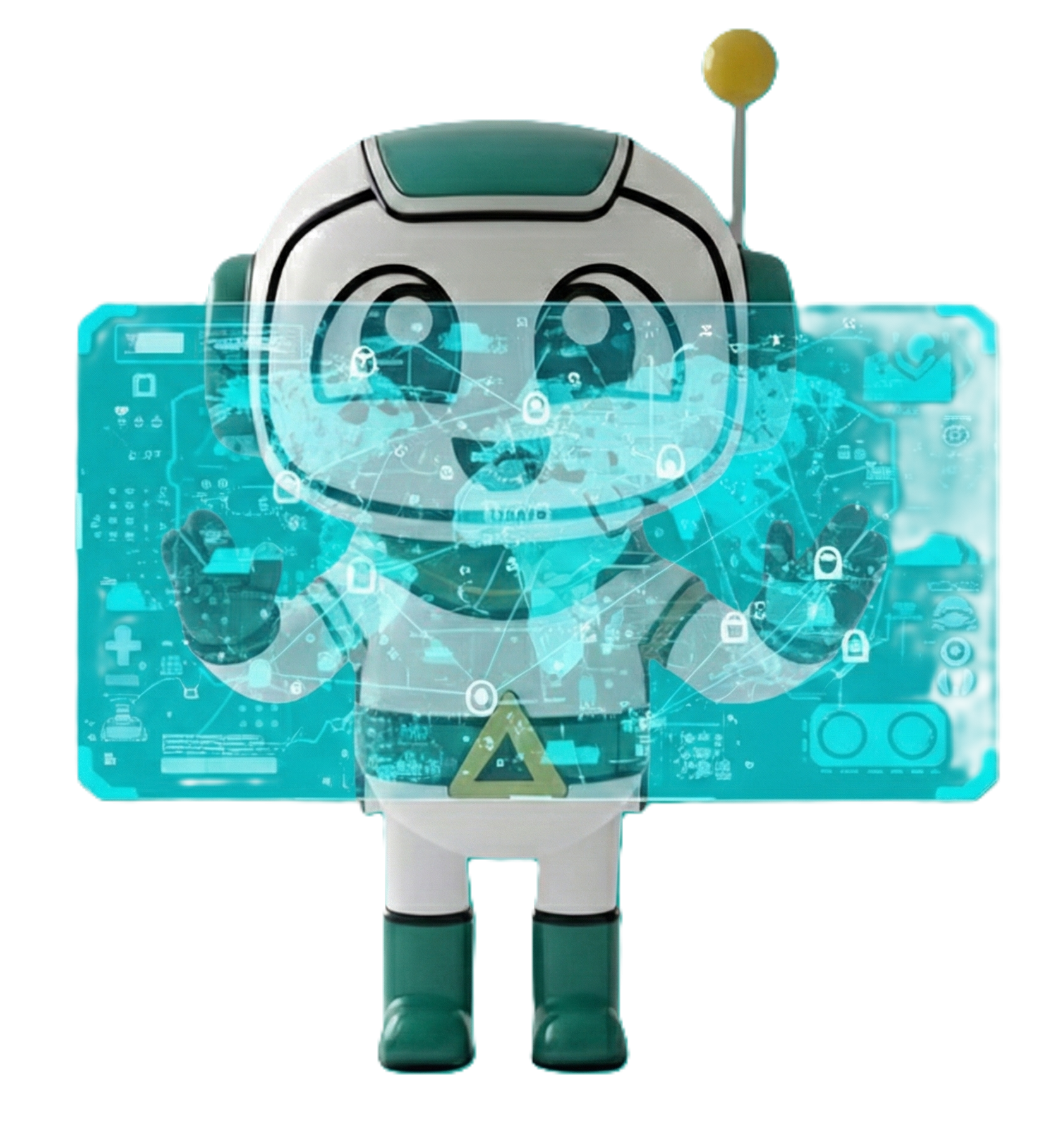 Cartoon robot with digital interface and warning triangle sign on its chest, standing behind a transparent digital screen with icons and symbols.
