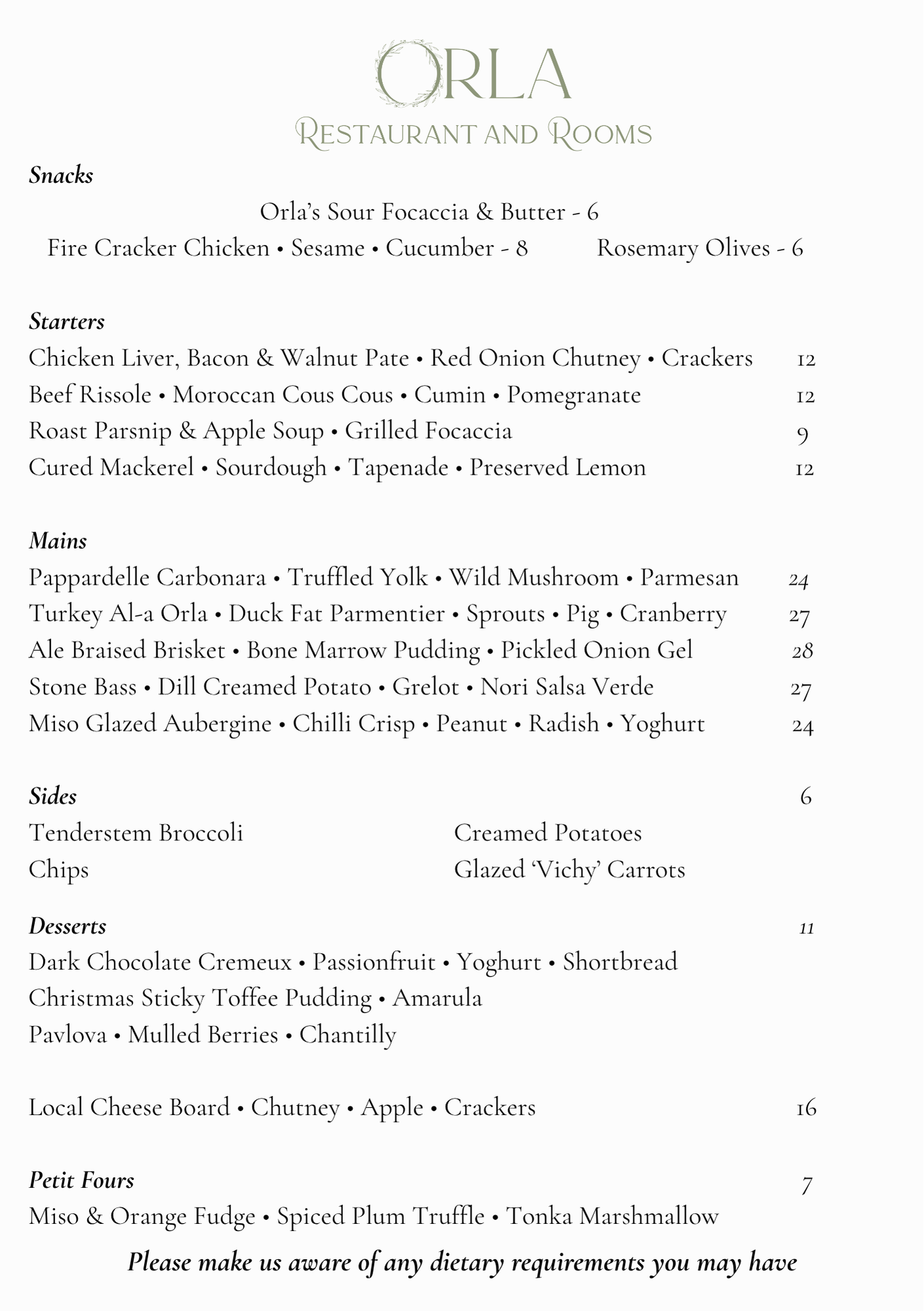 Restaurant menu from Orla Restaurant and Rooms listing various food and drink options, divided into categories: Snacks, Starters, Mains, Sides, Desserts, and Petit Fours.