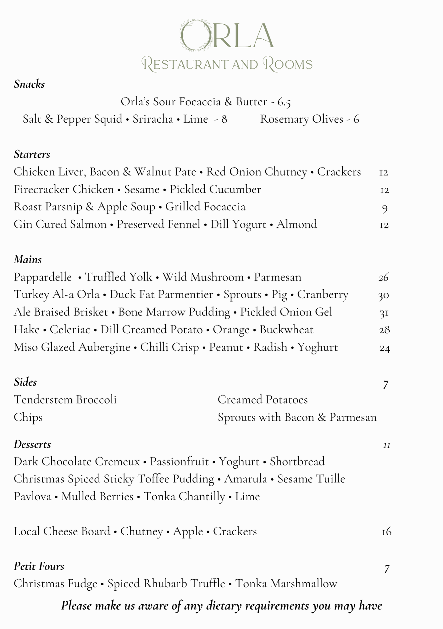 Menu for Orla Restaurant and Rooms listing various food and drink items, including snacks, starters, main courses, sides, desserts, and petit fours with prices.
