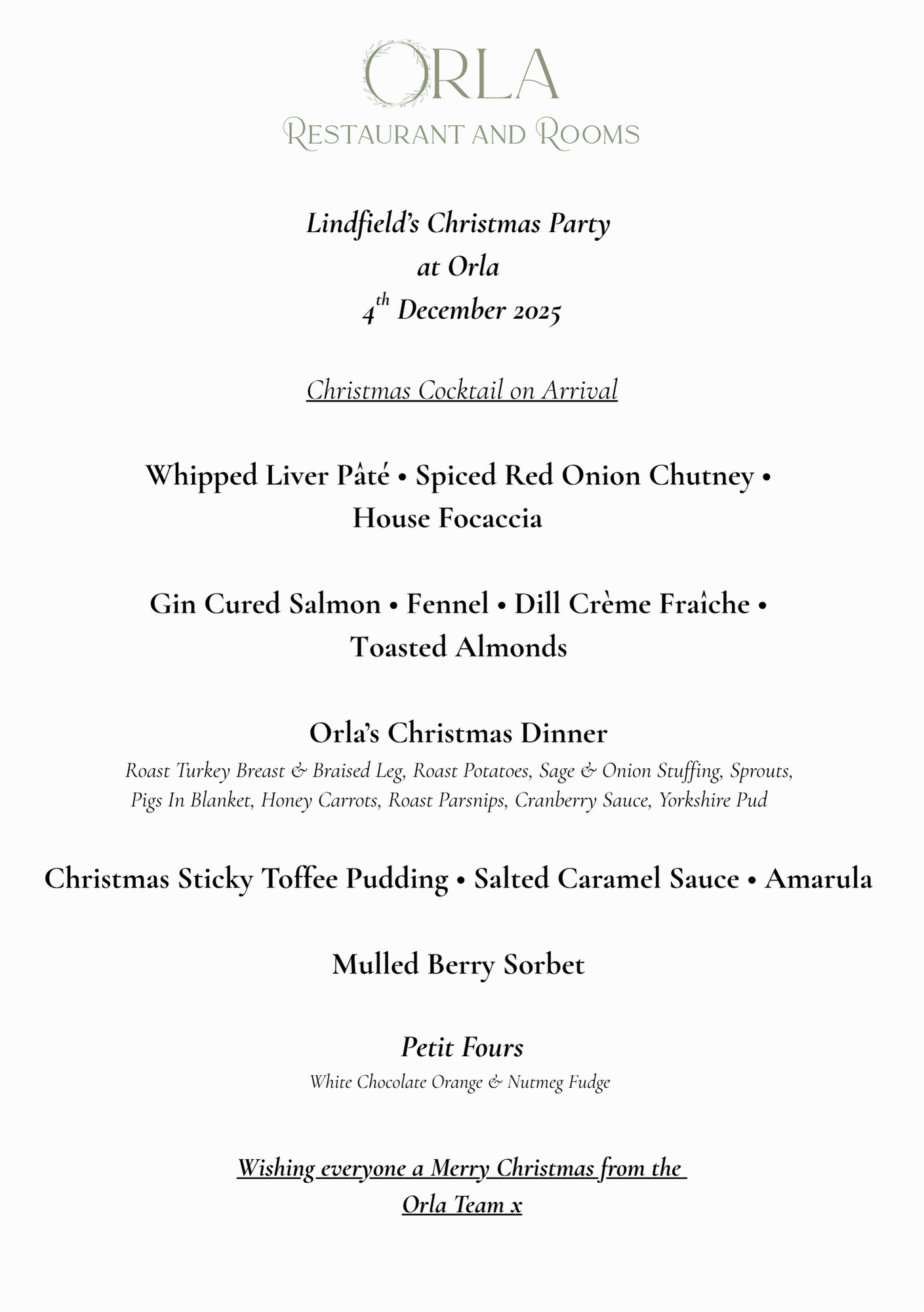 Christmas party menu from Orla restaurant, December 4, 2025, including dishes like whipped liver pâté, smoked salmon, Christmas dinner, sticky toffee pudding, and mulled berry sorbet.