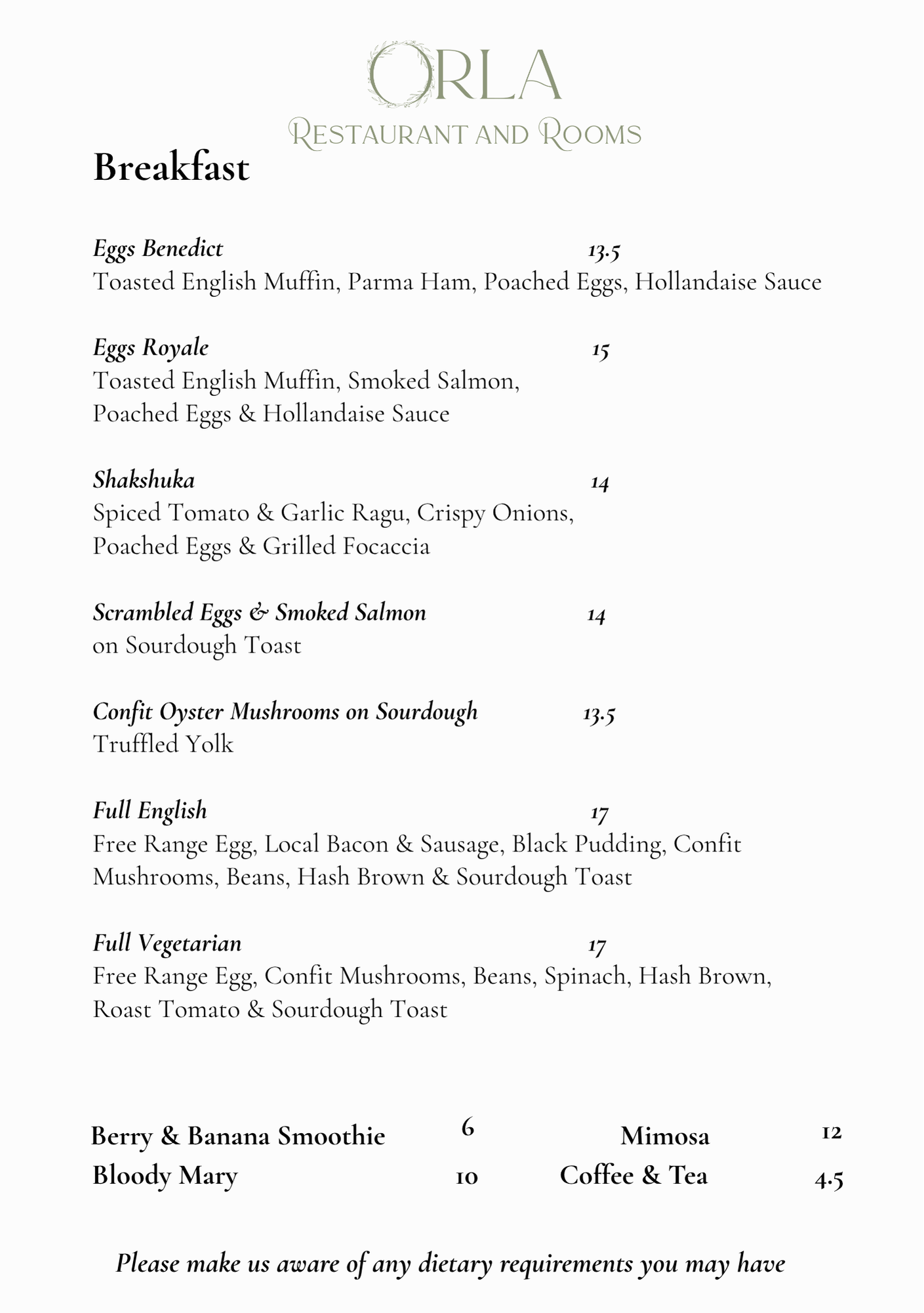 Breakfast menu from Orla Restaurant and Rooms listing various egg dishes, smoked salmon, oyster mushrooms, and beverages including smoothies, coffee, and tea.