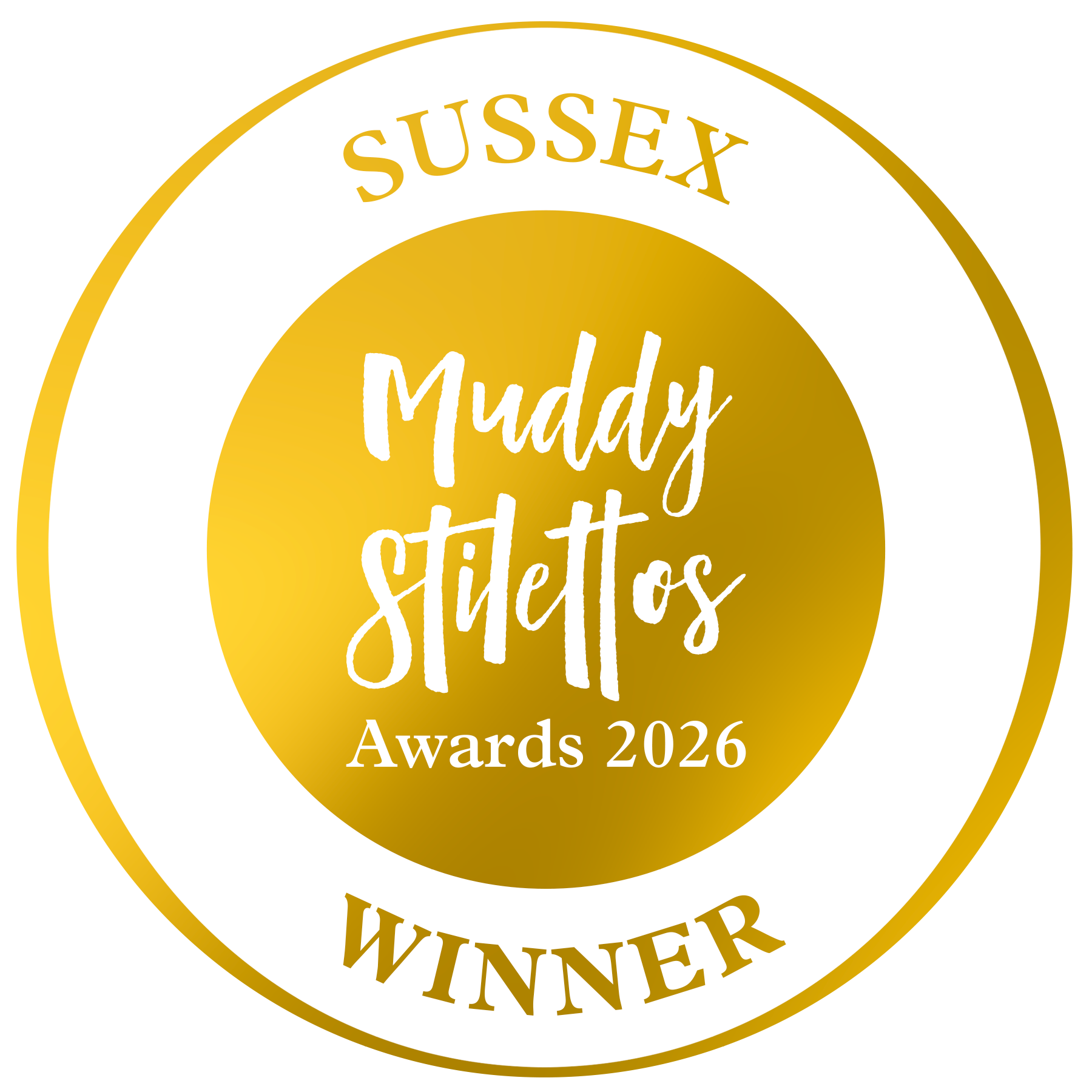 Gold and white circular badge with the words 'Sussex Muddy Mitts Awards 2026 Winner' in the center.