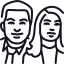 Line drawing of two smiling women with long hair, wearing glasses, facing forward.