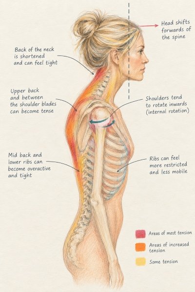 How a forward head position can affect the neck, shoulders, upper back and ribs.