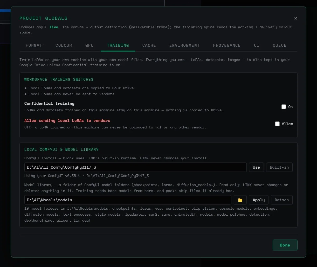 LINK now connects to your local comfyui install and also reads your local model library. If you're like me you have 4tb of models that you've curated over a long time. Now you have hook into those and make them work for you!
Local training is also pr