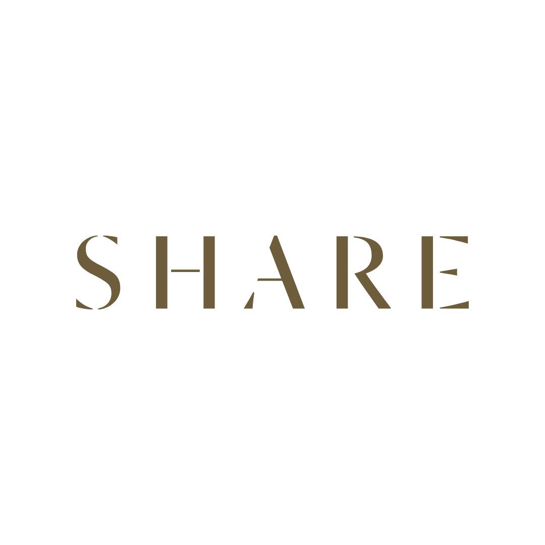 Text on a white background reading "SHARE" in stylized gold font.