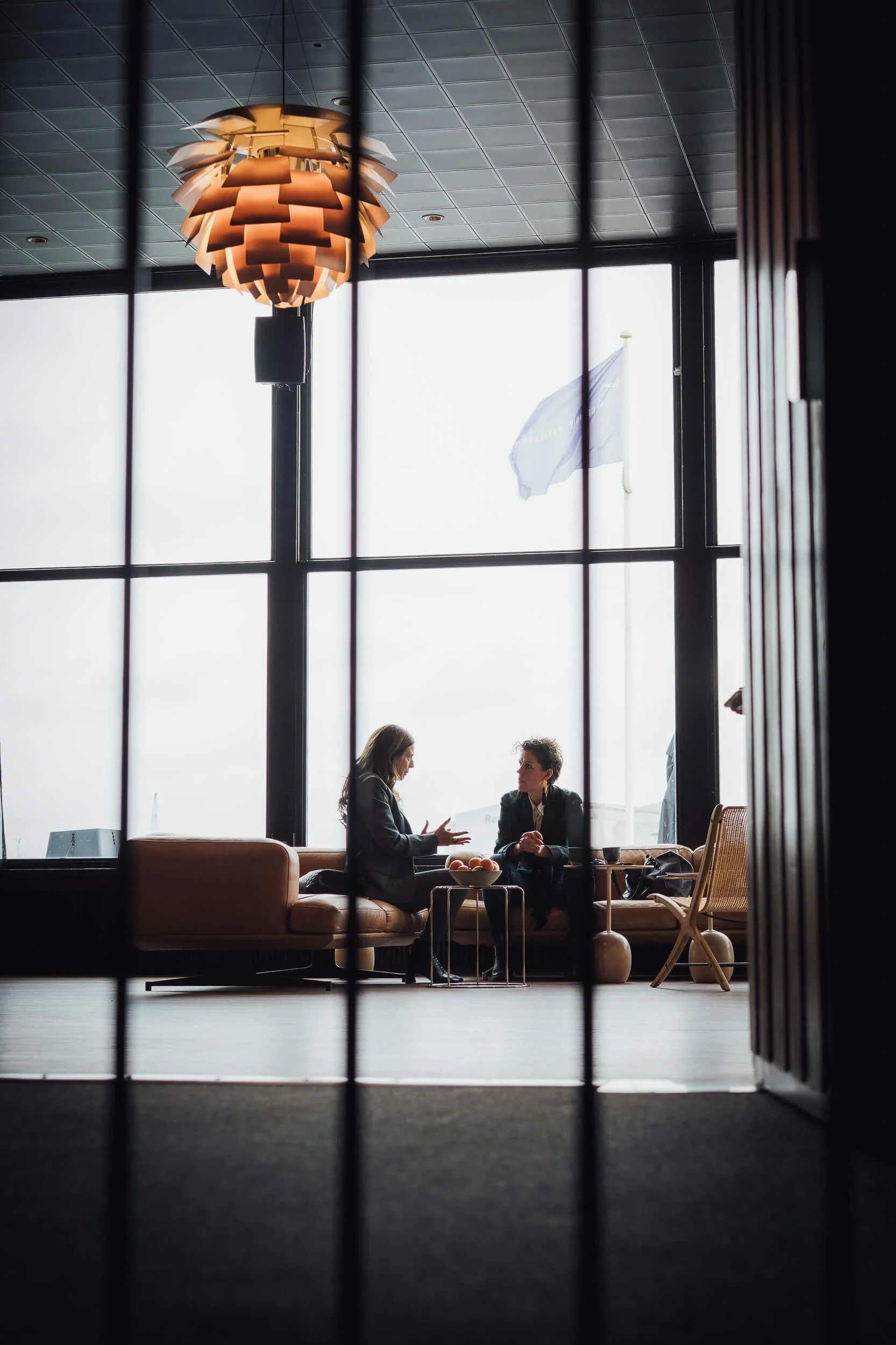 To kvinder sidder og snakker til Beyond GovTech i en stue med store vinduer, der giver masser af naturligt lys. Der er en sofa, et bord med en skål frugt, og der er rigelig plads rundt om dem, hvilket skaber en åben atmosfære.