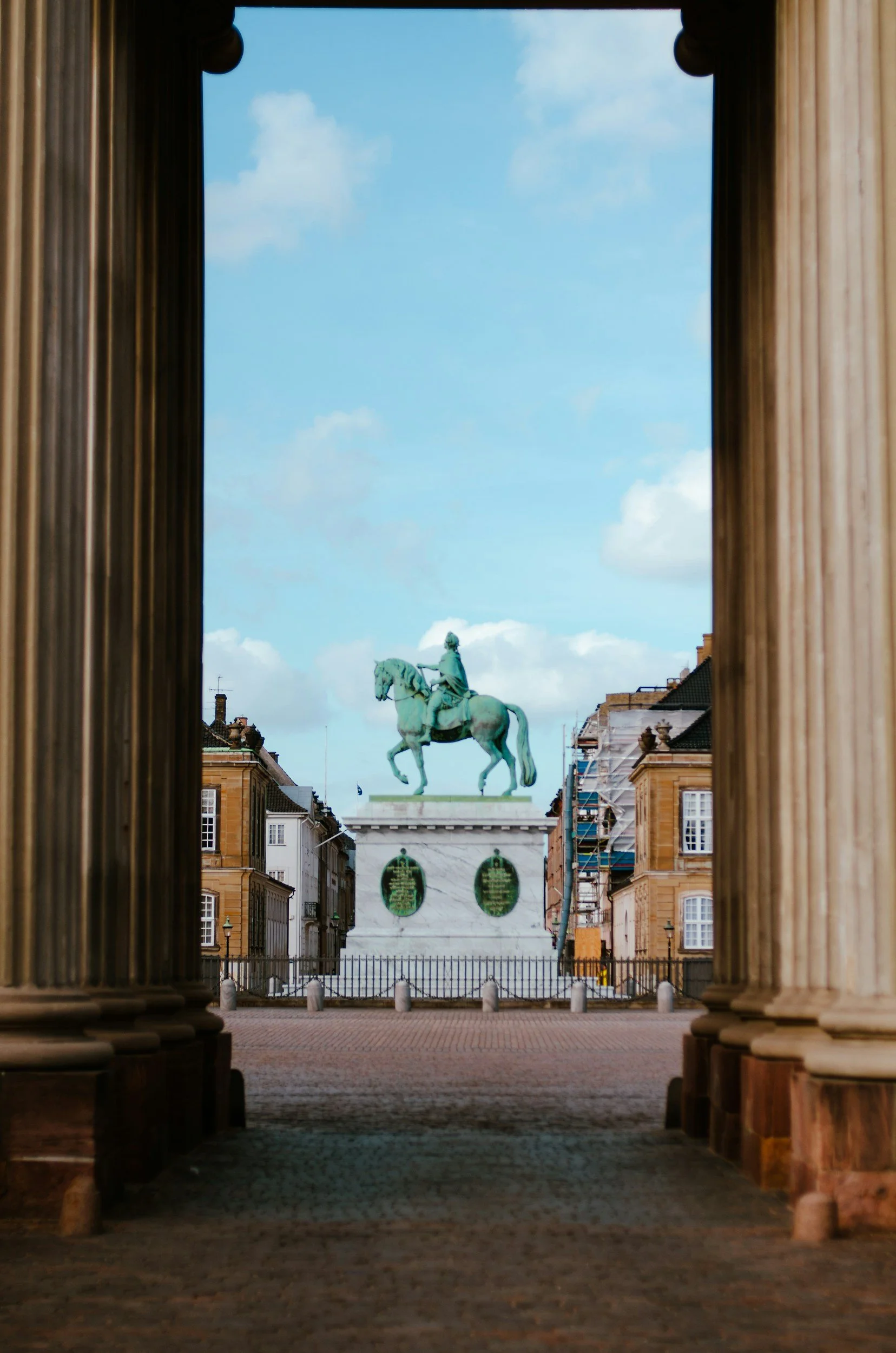 View towards an impressive statue on Amalienborg Royal Palace in Copenhagen.