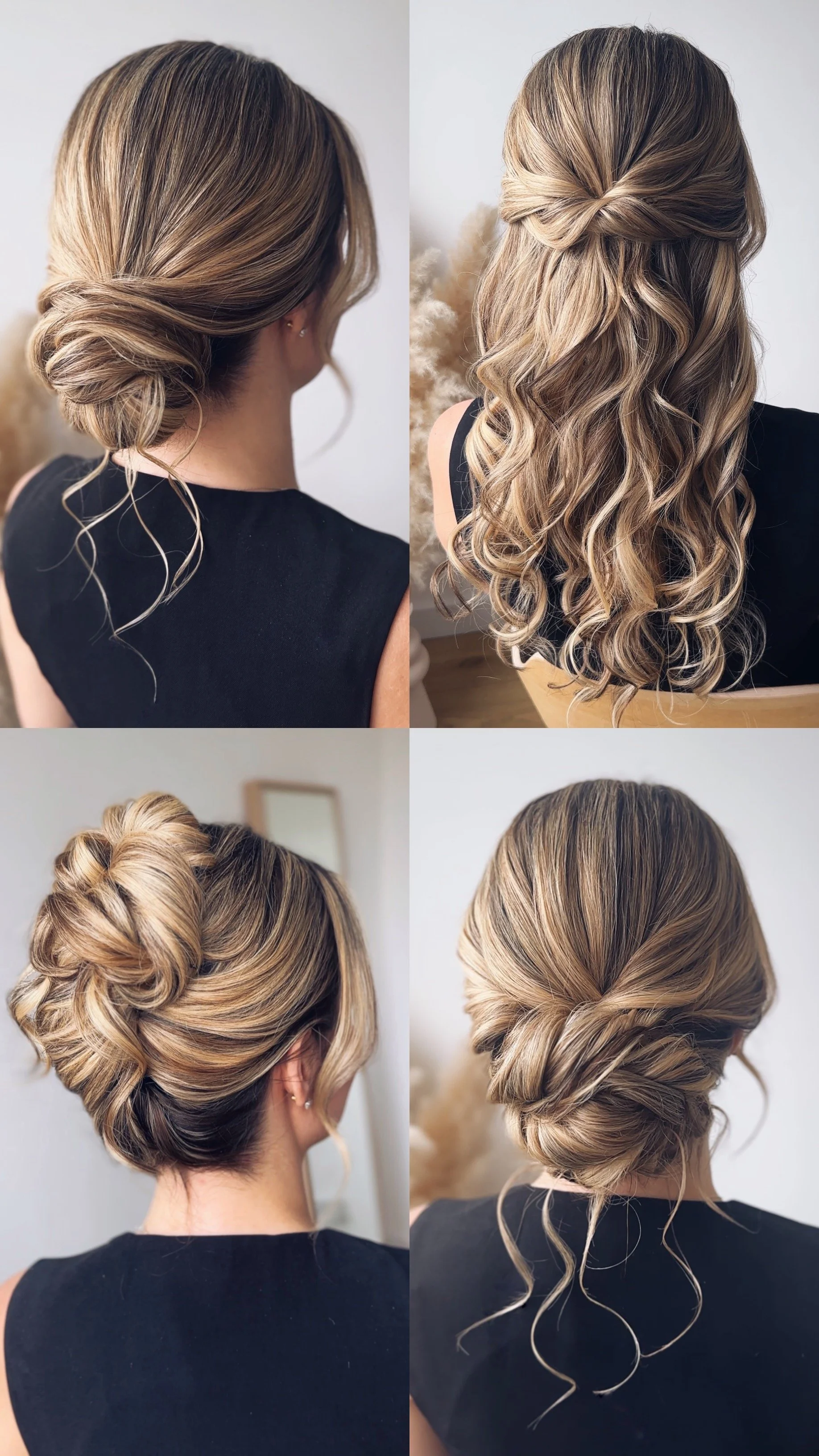 Collage of four photos showing different elegant updos and hairstyles with blonde hair and curls, some with twisted or braided details.