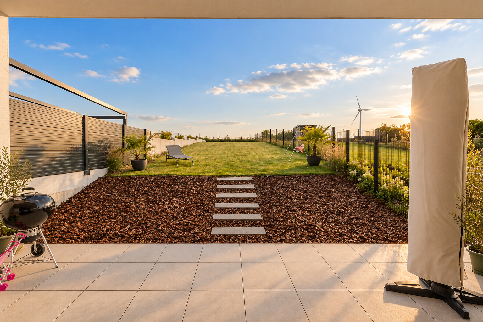 Terrasse moderne au coucher du soleil.png