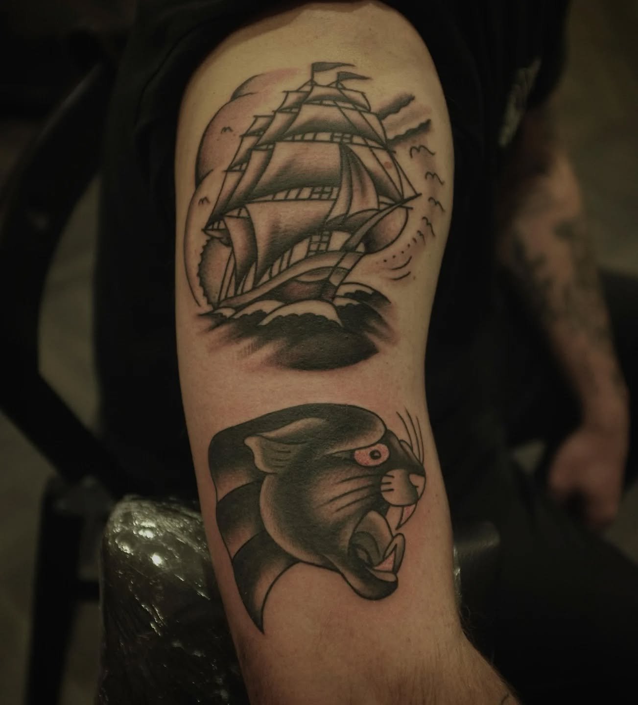 Traditional Ship and Panther by resident @charliebraddock 
For all bookings email : bookings@origintattoolondon.com