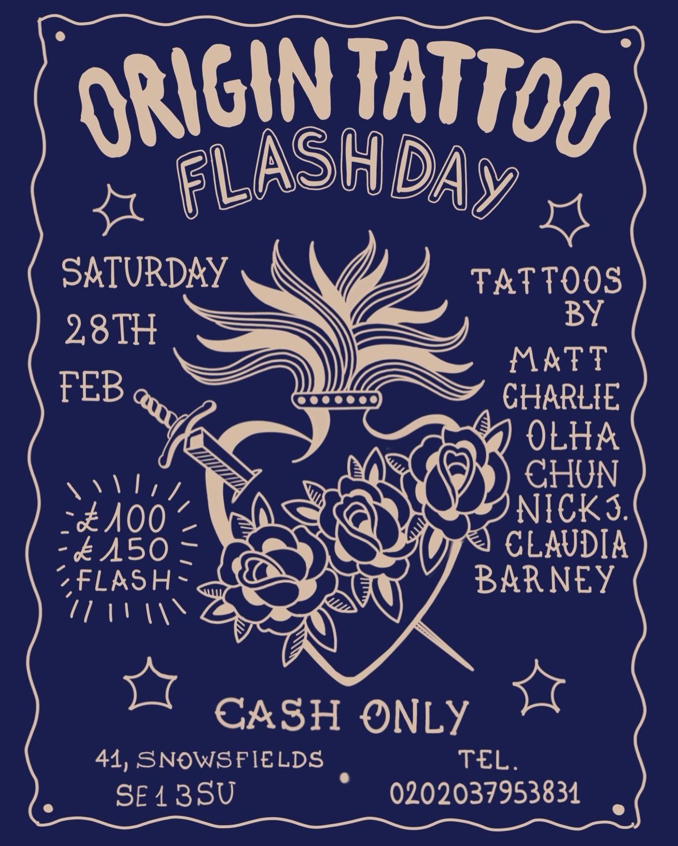 On Saturday 28th we will be hosting a flash day with the following artists: 

@matt_stopps
@charliebraddock 
@olha.steblii 
@troonri__ 
@nick.jagla 
@claudia_trash 
@barneycolestattoo 

Keep your eyes peeled for flash sheets&hellip;

All flash will b