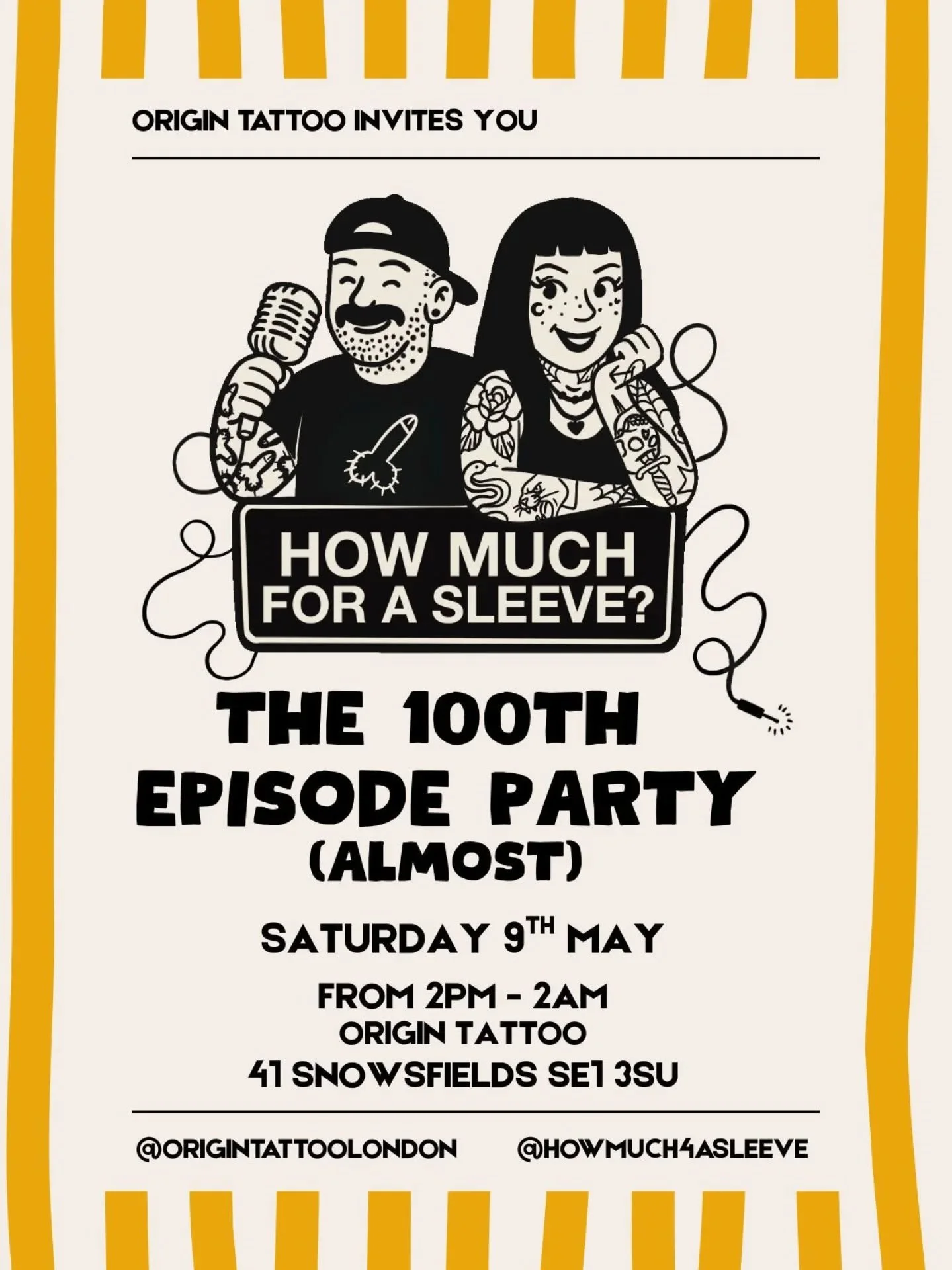 Join us on Saturday 9th May for a special  @howmuch4asleeve Podcast 100th Episode Party 🥳 
From 2pm til Late - Open To All

Studio will be open as usual from 10am til 1pm for bookings and Walk ins.

See you there!