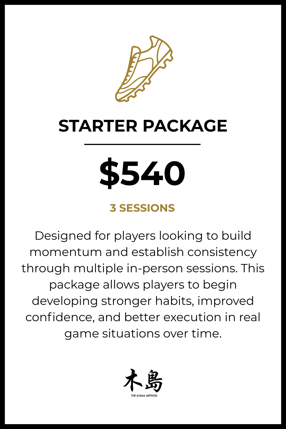 A promotional poster for a sports training starter package priced at $540 for three in-person sessions, including an illustration of a sports shoe and Japanese text at the bottom.