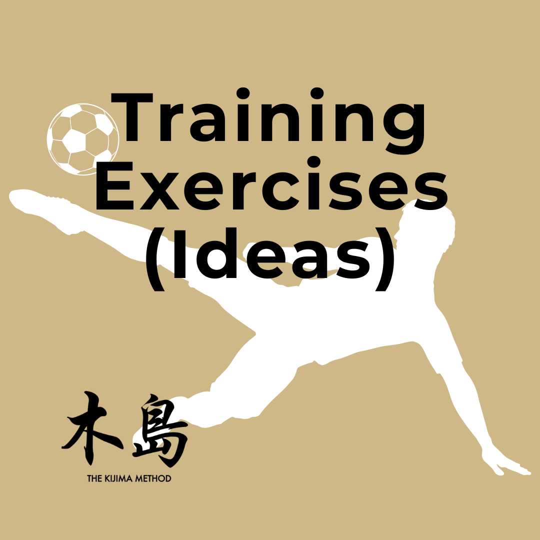 Cover page of a booklet titled 'Training Exercises (Ideas)' with a silhouette of a person performing a gymnastic move and a soccer ball, with Japanese characters and 'The Kijima Method' written at the bottom.