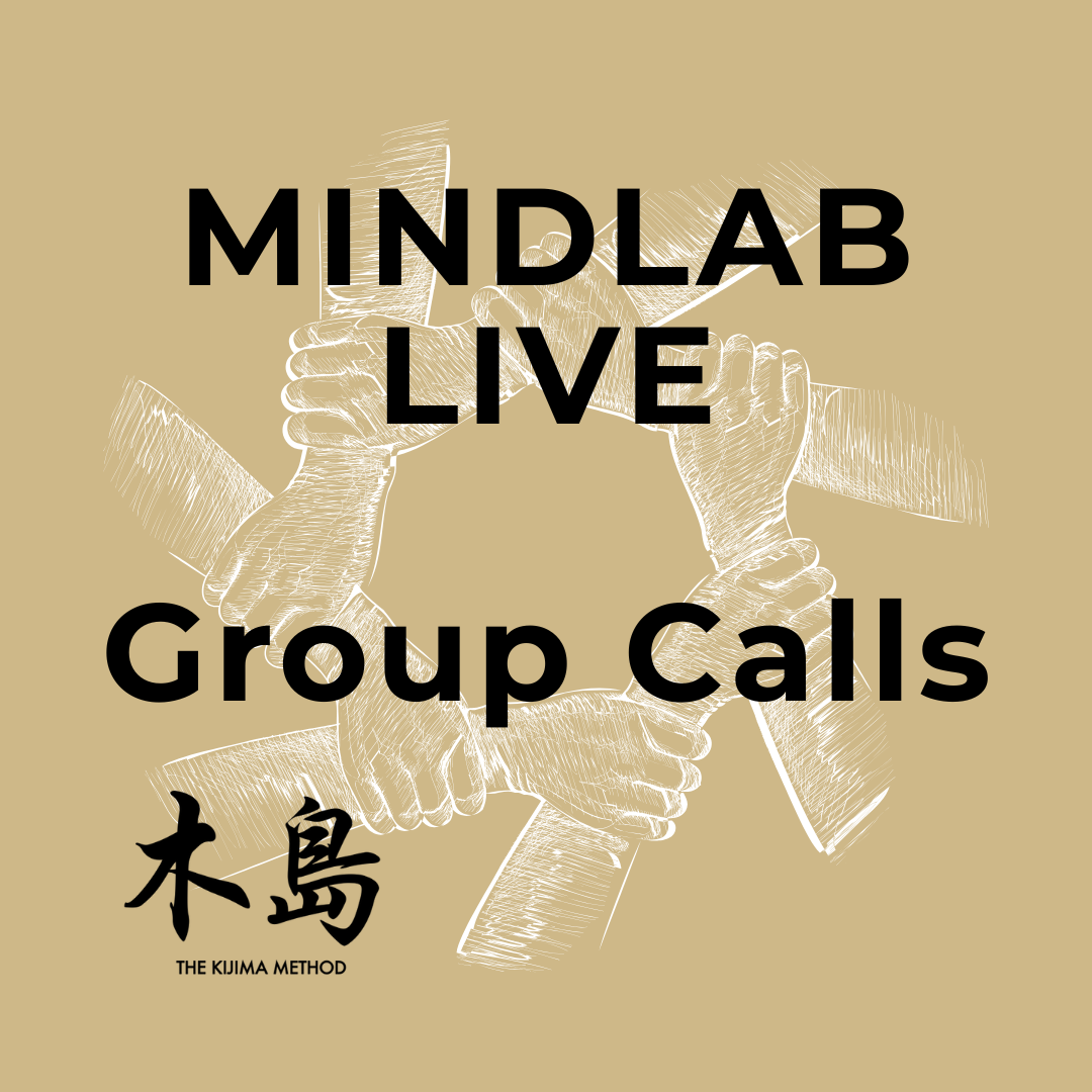 Graphic for Mindlab Live Group Calls showing interlocked hands around a circle, with Japanese characters and 'The Kijima Method' at the bottom.
