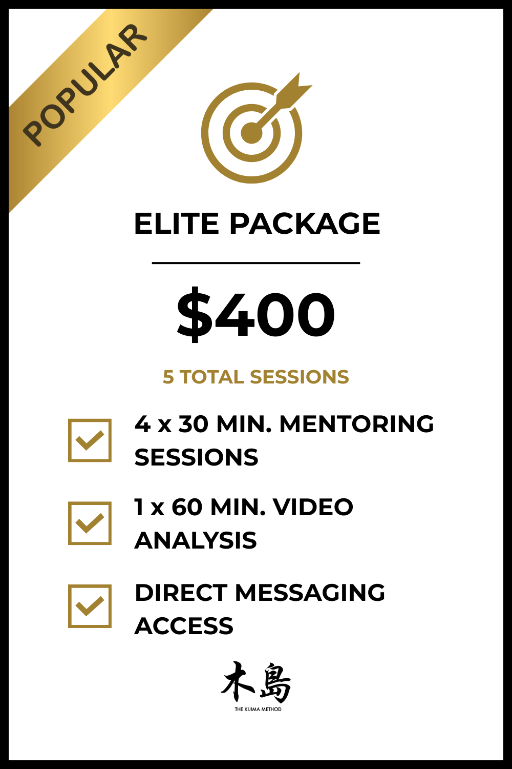Promotional flyer for the 'Elite Package' priced at $400, offering 5 sessions including mentoring, video analysis, and messaging access, with a gold 'Popular' banner at the top.