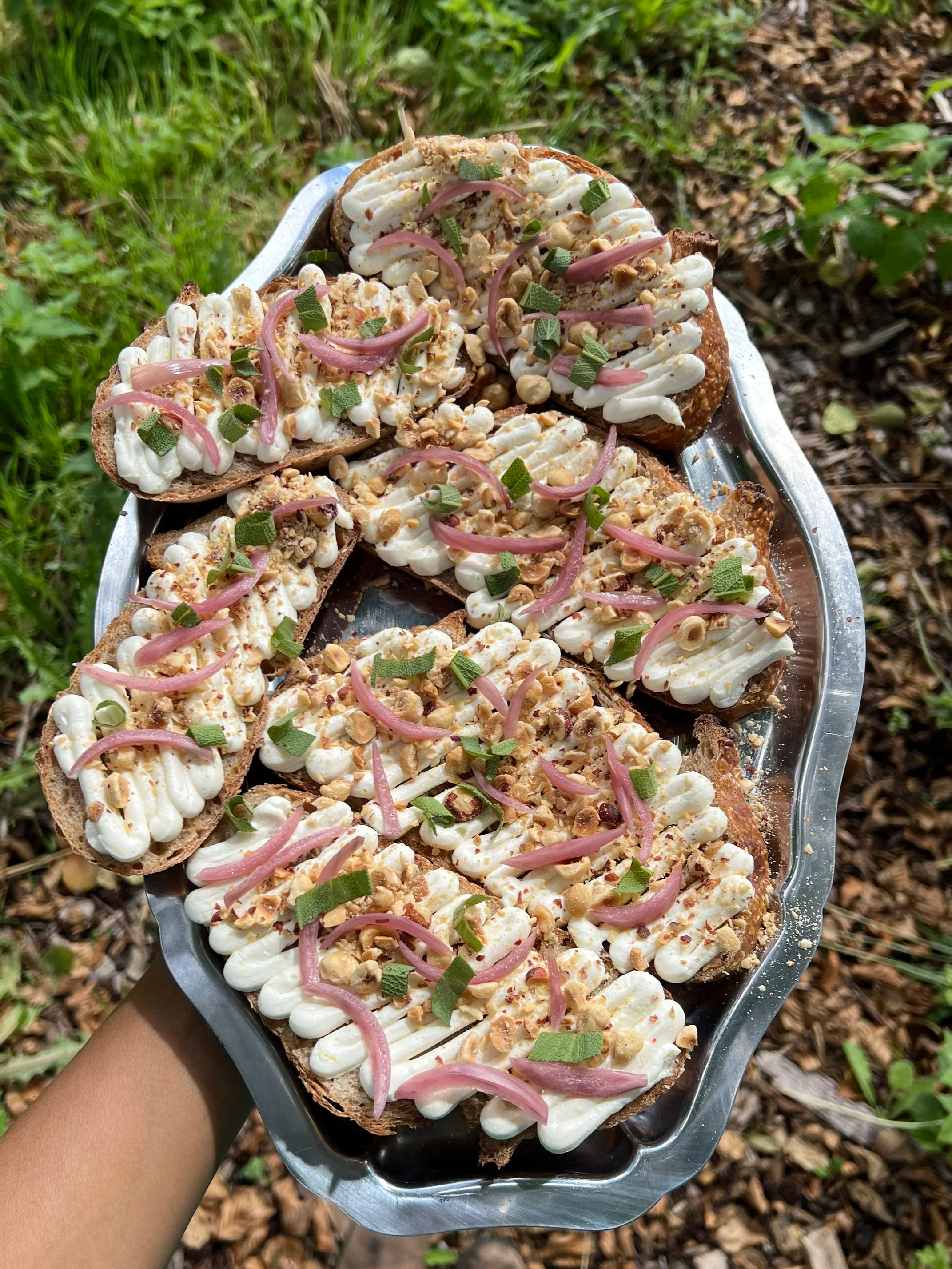 Een metalen dienblad met gesneden broodjes bedekt met een witte saus, gesneden rode uien, groene kruiden en noten, in een groene buitenomgeving.