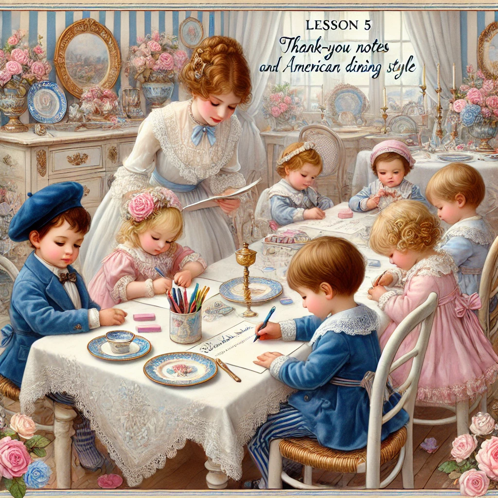 Introduce your child to writing thank-you notes and mastering American dining etiquette. Lesson 5 combines creativity and manners in a delightful learning experience for kids aged 3-4