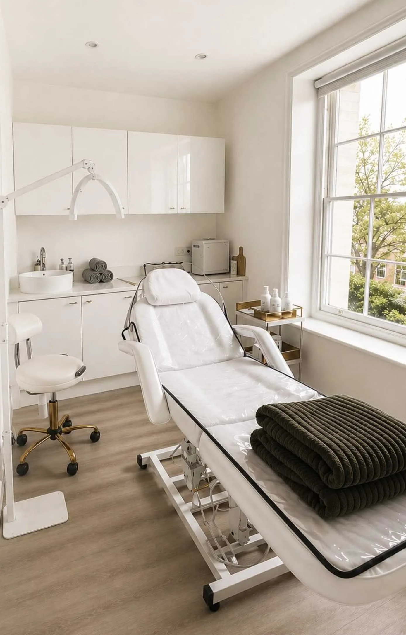 Medical examination or treatment room with a patient bed, a rolling stool, cabinets, and large window with natural light.