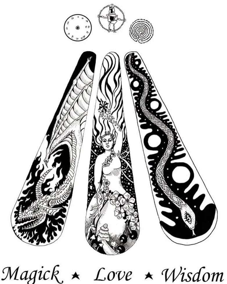 I am bringing back this gorgeous design co-created by two wonderful artist friends; Sebastian Cerny of the GMDO, and Melissa Pandina, my seer sister. Its the AWEN of the three Dreamland temples; Stone Circle (Dragon) Faery Well, and Labyrinth (Serpen