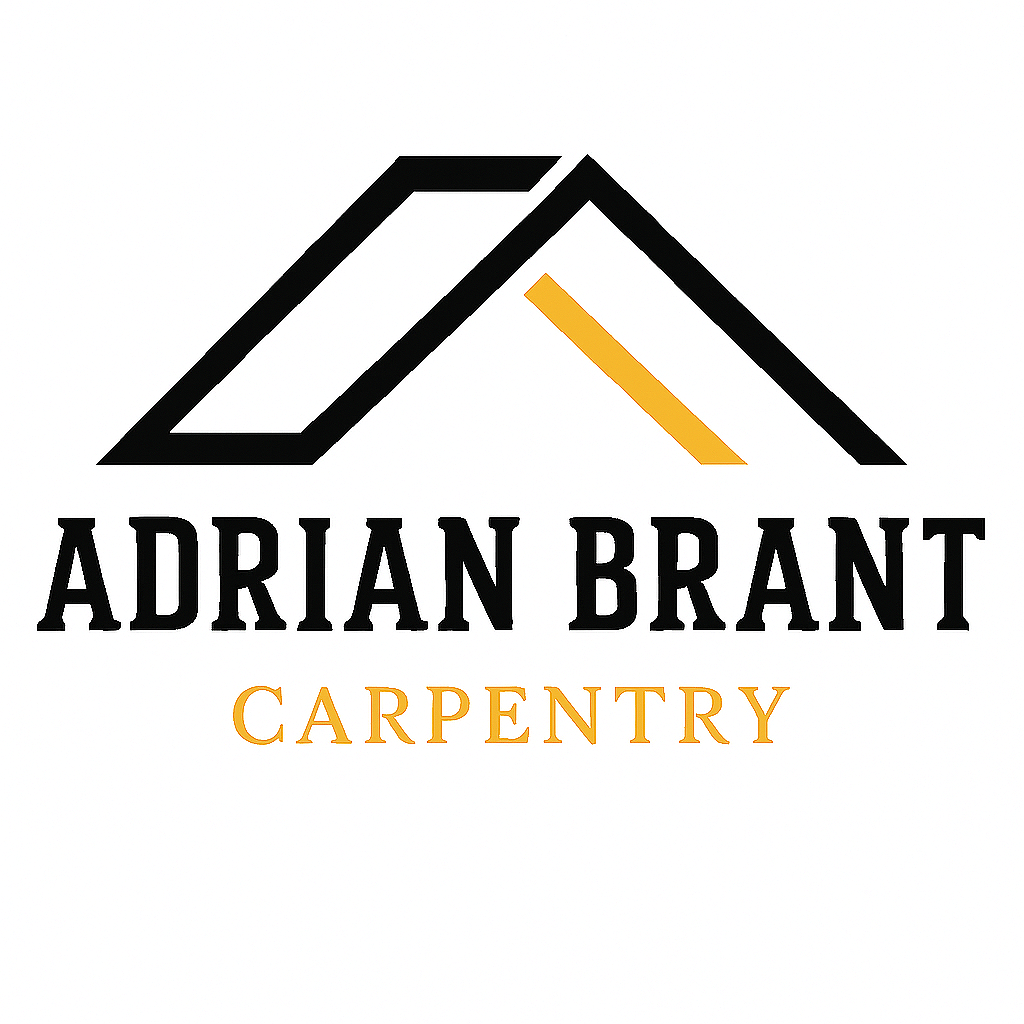 Logo for Adrian Brant Carpentry featuring a stylized house roof and text.