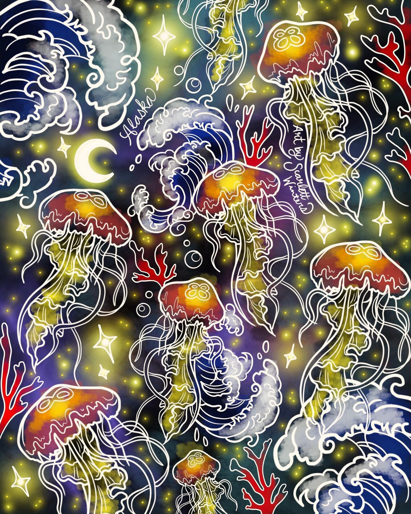 Pacific Magic 🪼💫 #artbyscarlettwinters available in made to order blankets, tapestries & poster prints 🖤