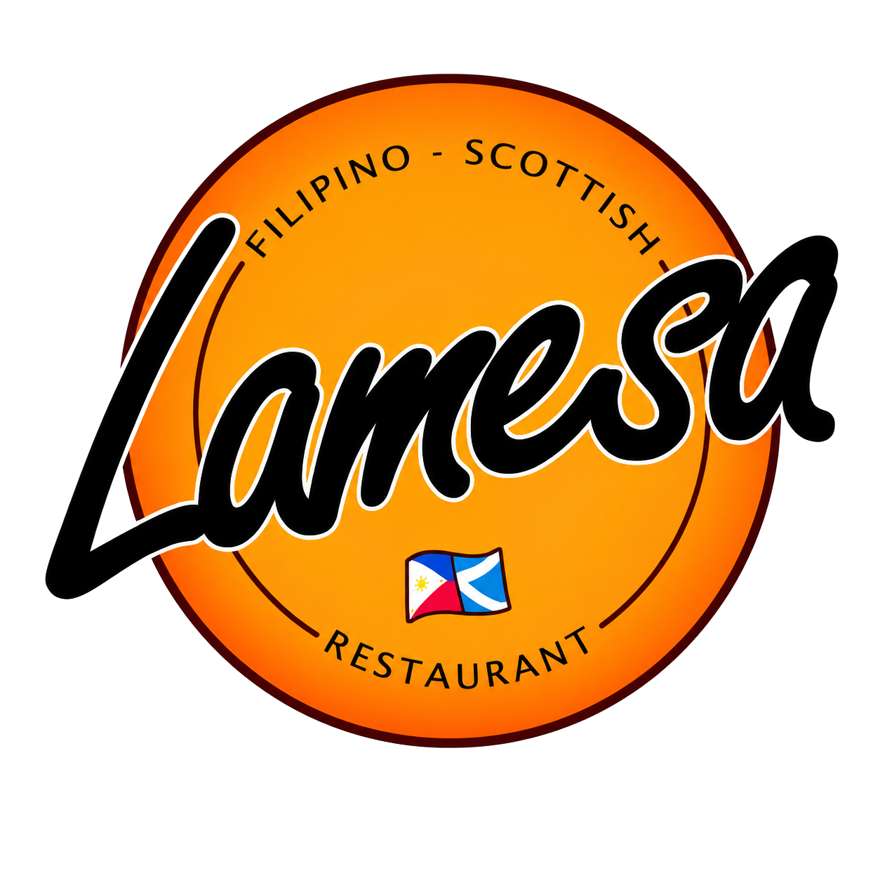 Logo for Jamesy's Filipino-Scottish Restaurant with an orange circular background, black cursive text reading 'Jamesy', and a small Filipino and Scottish flag at the bottom.