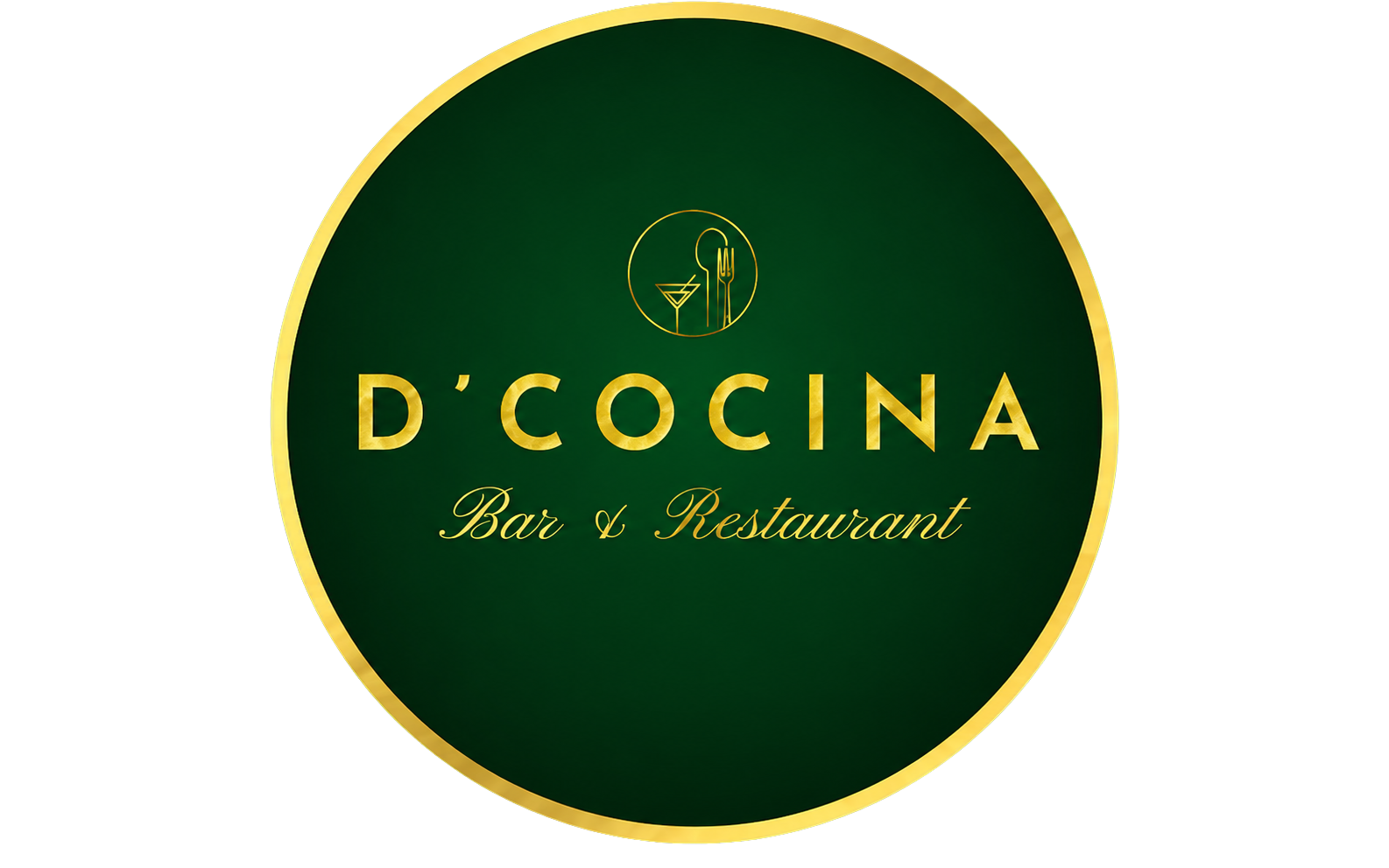 Logo of D'Cocina Bar & Restaurant with green and gold colors, featuring a drink glass and utensils icon.