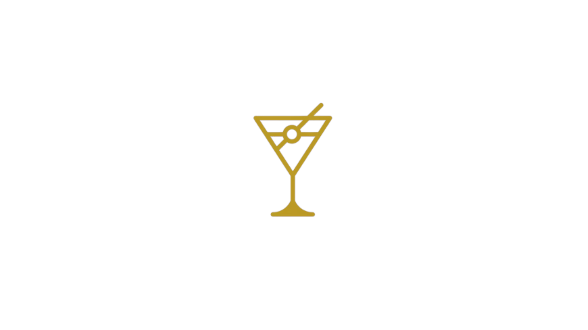 Black background with gold outline of a cocktail glass containing an olive and a cocktail pick.