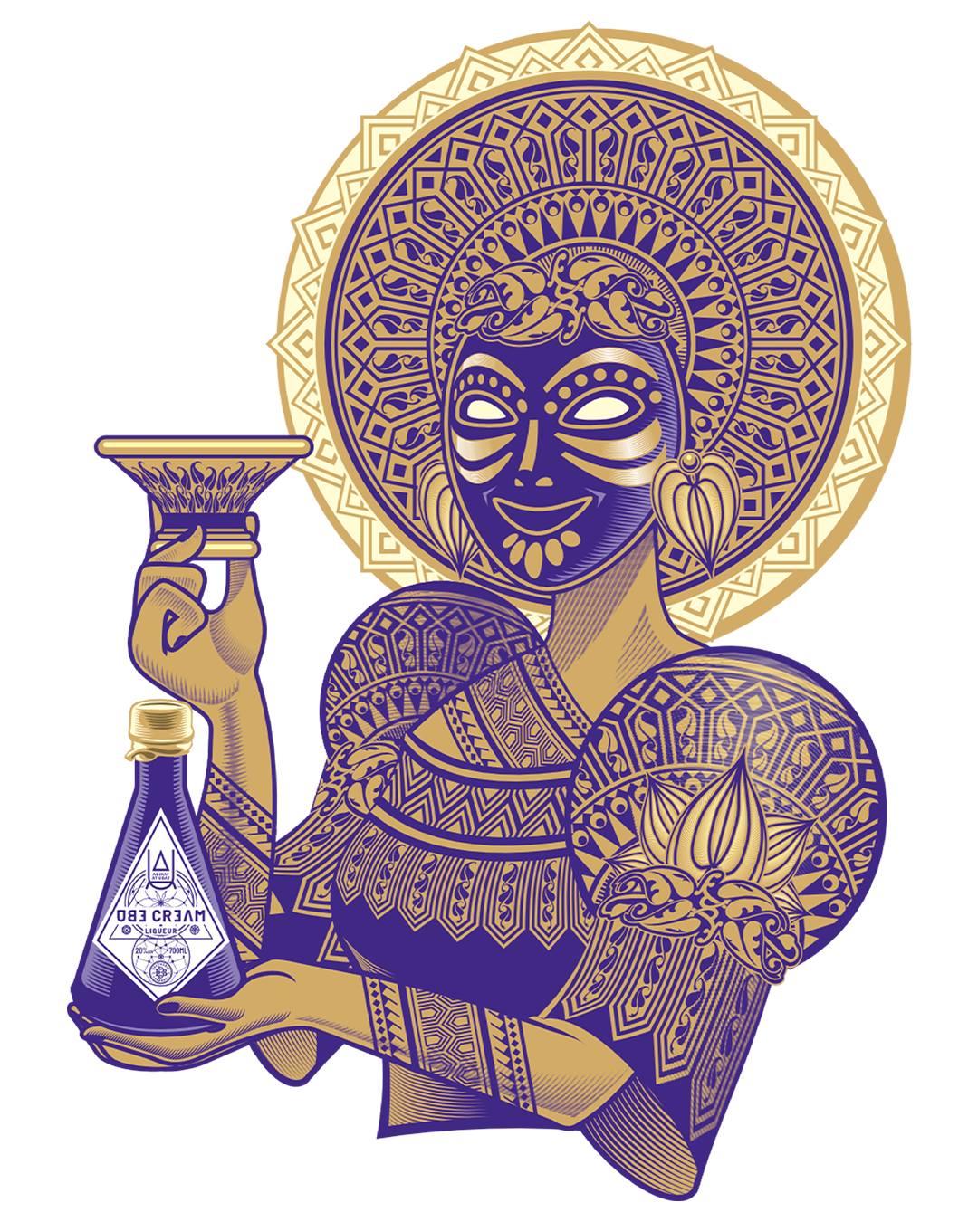 Illustration of a woman with traditional intricate patterns, holding a flask and a lotus flower, with a large halo-like decorative circle behind her head, using gold and purple colors.