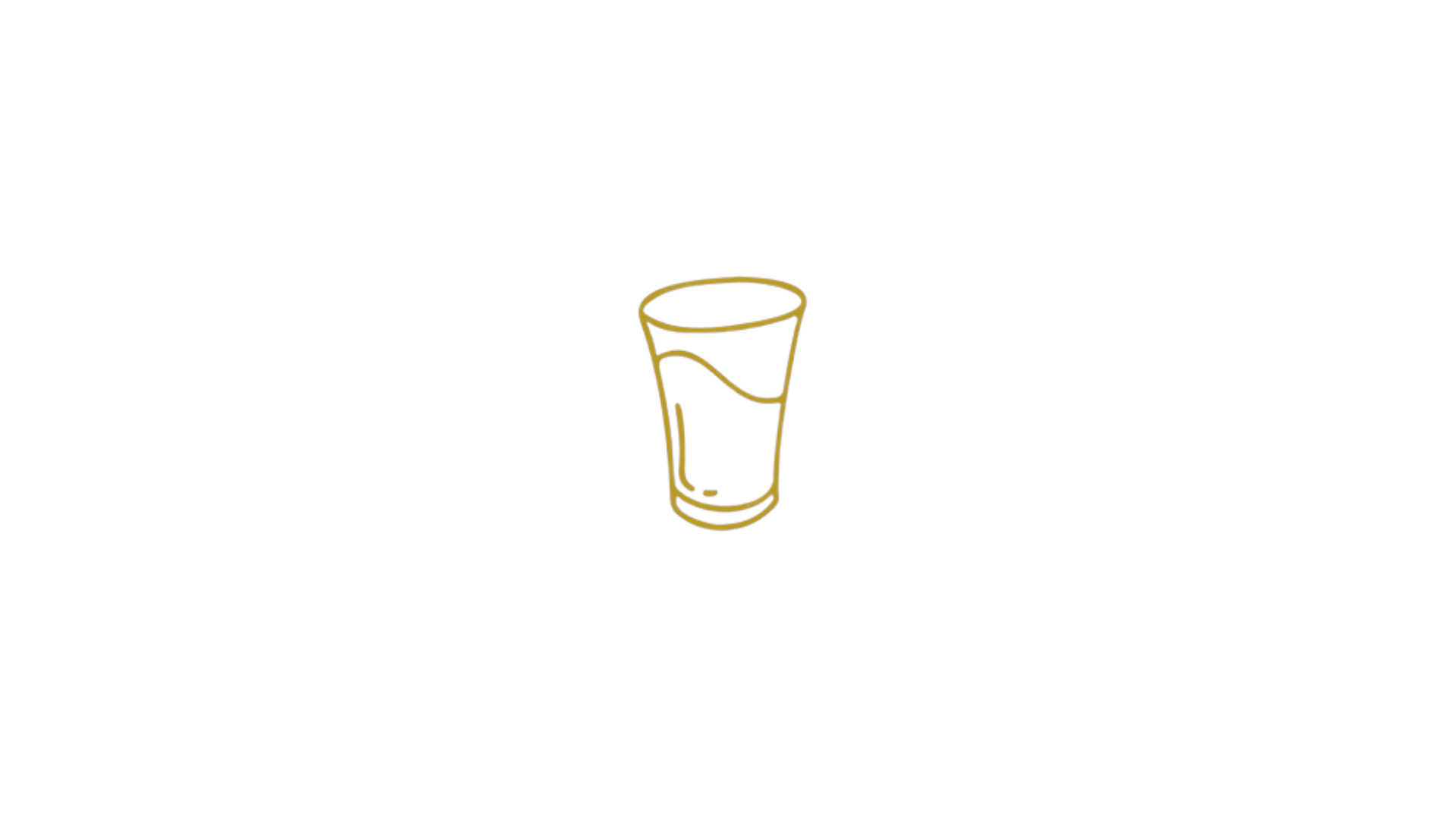 A golden outline drawing of a glass of liquid on a black background.