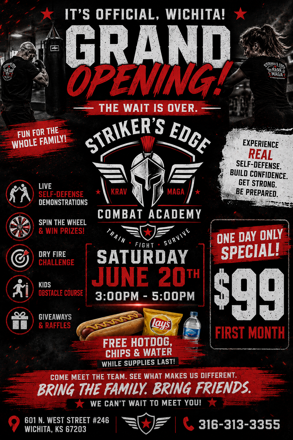 Poster announcing the grand opening of Striker's Edge Combat Academy in Wichita, Kansas, featuring images of people practicing self-defense, and detailing event activities like demonstrations, a kids obstacle course, and giveaways, on June 20th from 3:00 PM to 5:00 PM, with a $99 special offer for the first month, and free hot dogs, chips, and water while supplies last.