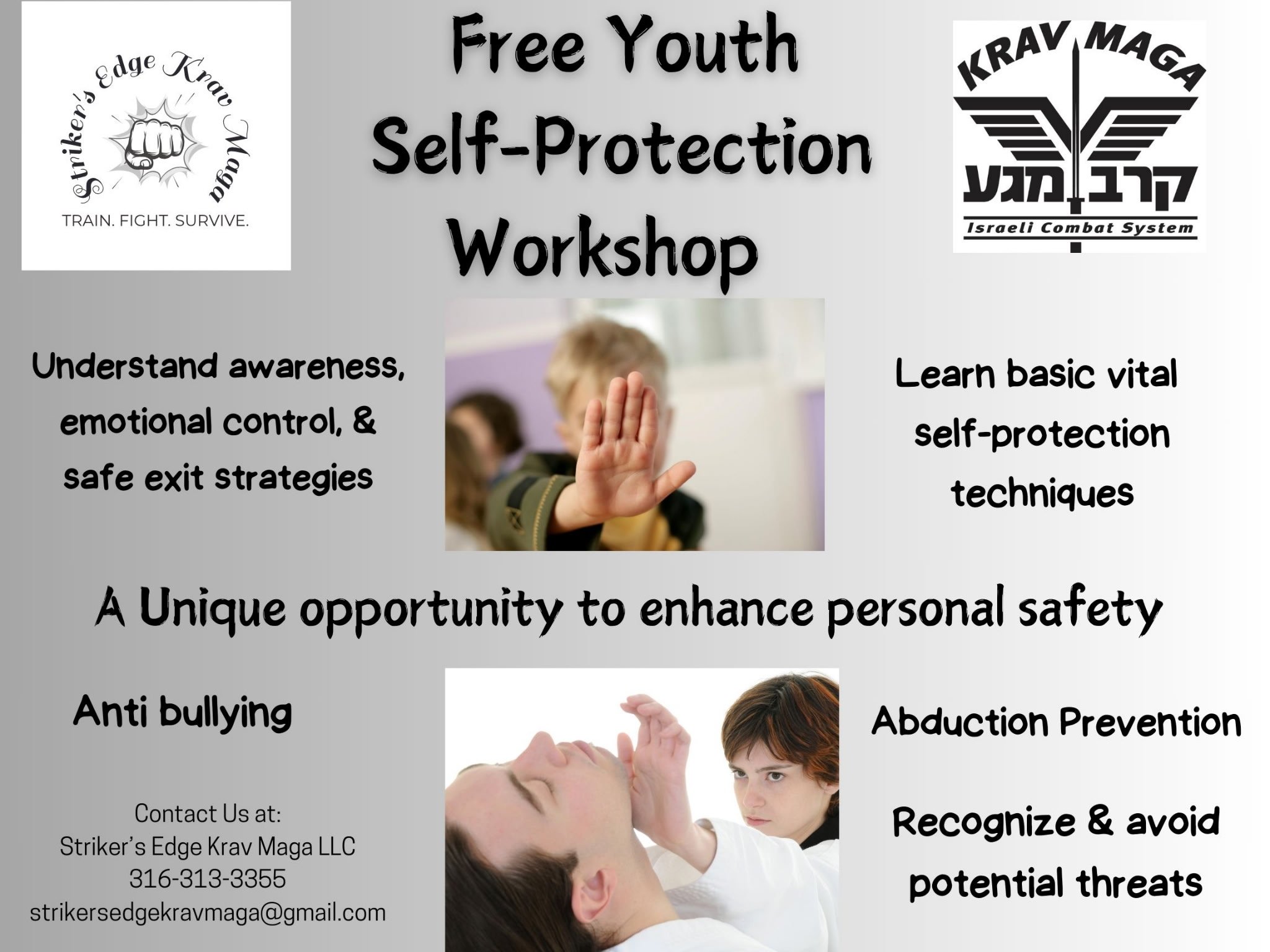 Poster advertising a free youth self-protection workshop with logos of Striker's Edge Krav Maga and Israeli Combat System, including images of children practicing self-defense techniques.