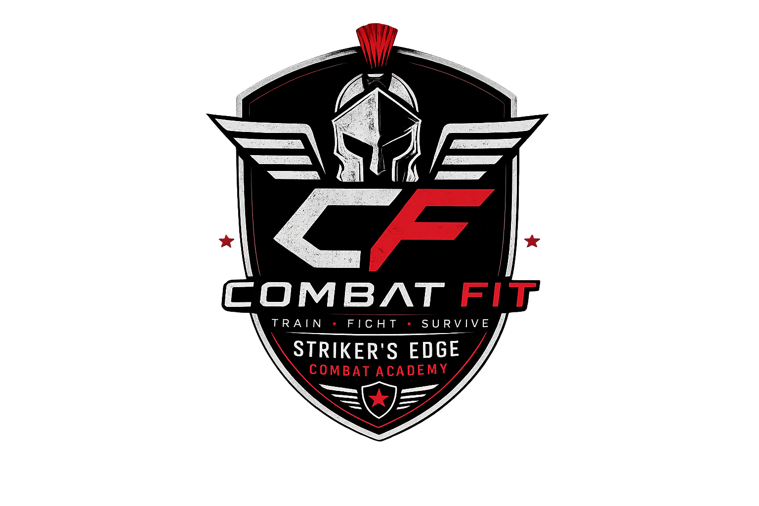Logo for Combat Fit, a martial arts and fitness training program, featuring a shield with a helmeted warrior, stylized wings, and text reading 'Train Fight Survive' and 'Striker's Edge Combat Academy'.