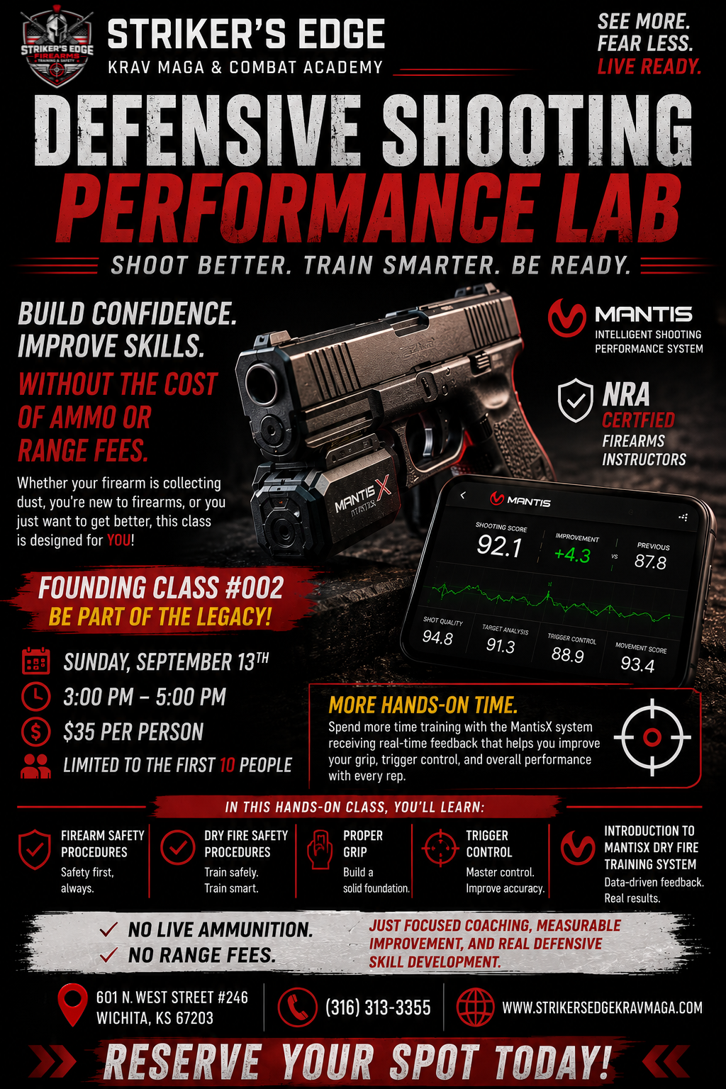 Flyer advertising a defensive shooting performance class at Striker's Edge Krav Maga & Combat Academy. Features a firearm, a smartphone with shooting data, logos for Mantis and NRA, class details including date, time, cost, and location, emphasizing hands-on training and safety procedures.
