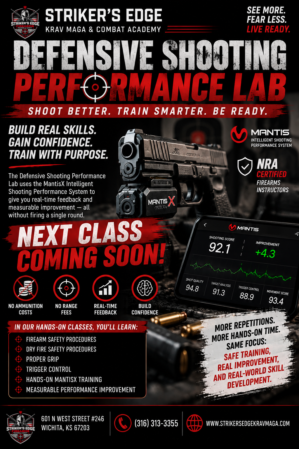 An advertisement for Striker's Edge Firearms Krav Maga & Combat Academy promoting a Defensive Shooting Performance Lab using MantisX Smart Shooting Performance System. The ad features a gun, ammunition, a mobile device with shooting data, and icons for training benefits. It emphasizes real-time feedback, confidence building, and safe, practical firearm training.