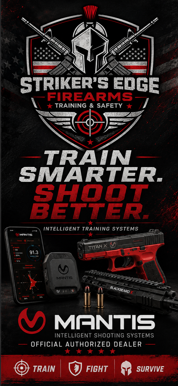 A promotional poster for Striker's Edge Firearms Training & Safety featuring firearms, ammunition, a training device, and a smartphone with training data. The poster encourages training smarter and shooting better, emphasizing training, fighting, and surviving with MANTIS intelligent shooting systems.