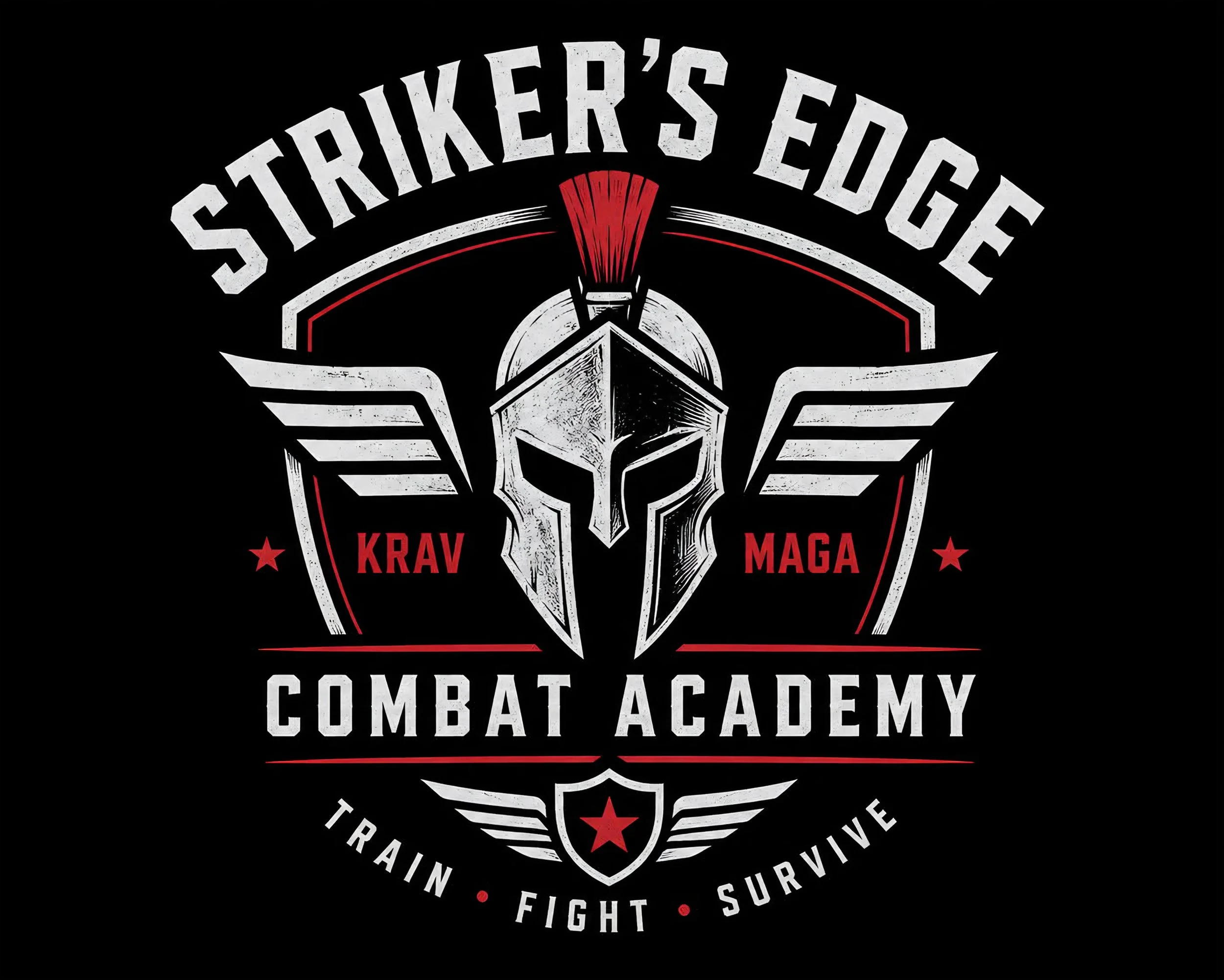 A logo for Strikeforce's Edge Combat Academy featuring a shield with a Spartan helmet and stylized wings, with text emphasizing training, fighting, surviving, and thriving.