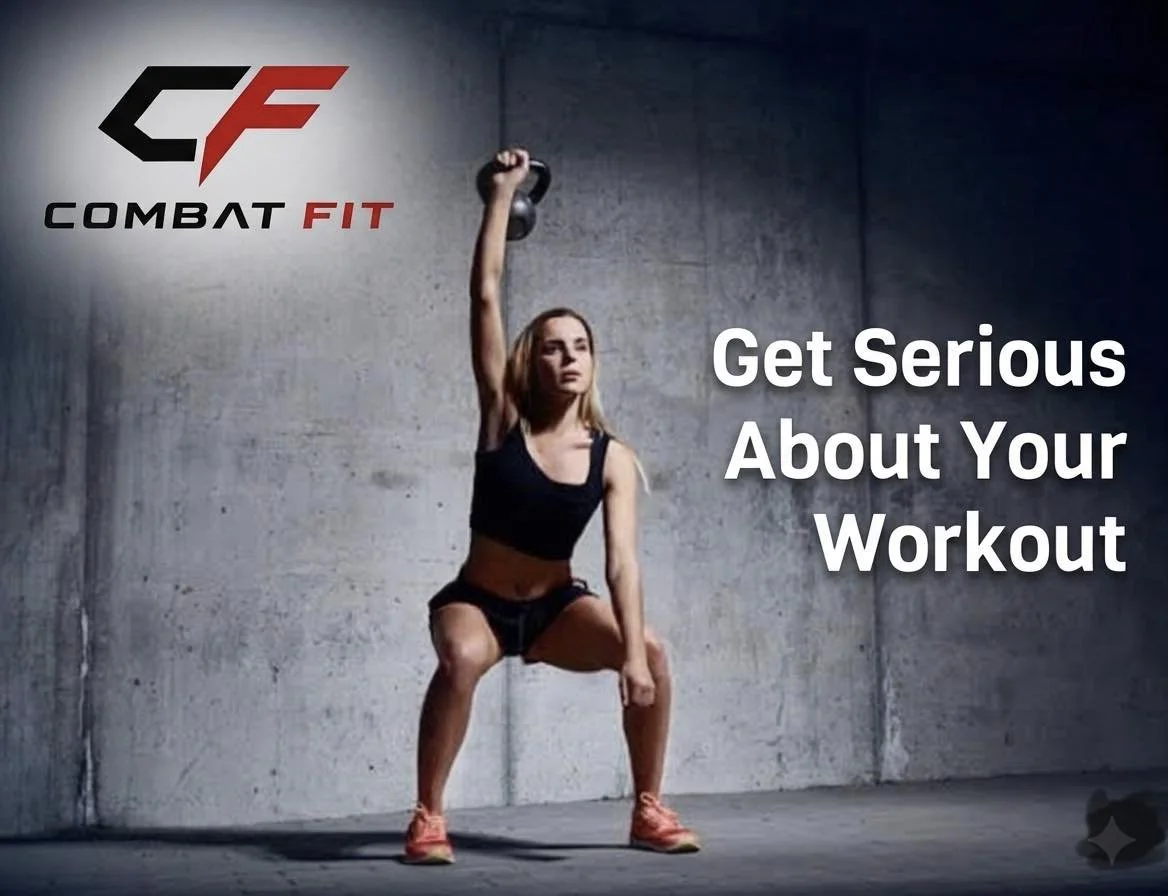 A woman lifting a kettlebell with her right hand while squatting in a gym, with text saying 'Get Serious About Your Workout' and a logo reading 'CF COMBAT FIT' in the top left corner.