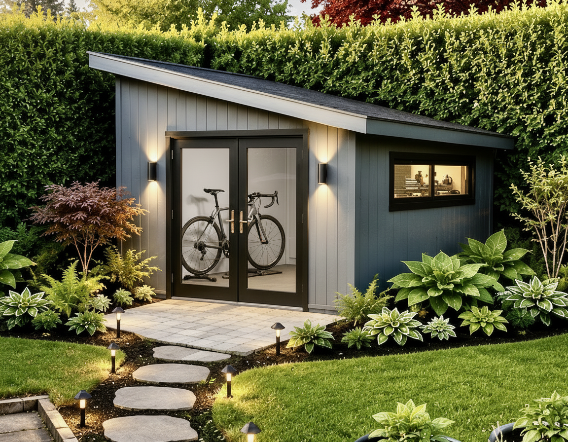 A small backyard shed with glass double doors and a single window, surrounded by lush green plants and lawn, illuminated by exterior lights at dusk.